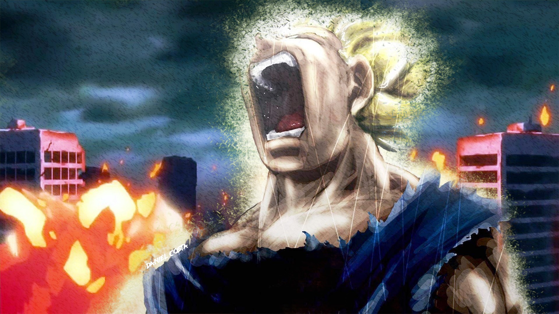Vegeta screaming in a destroyed city HD Wallpaper
