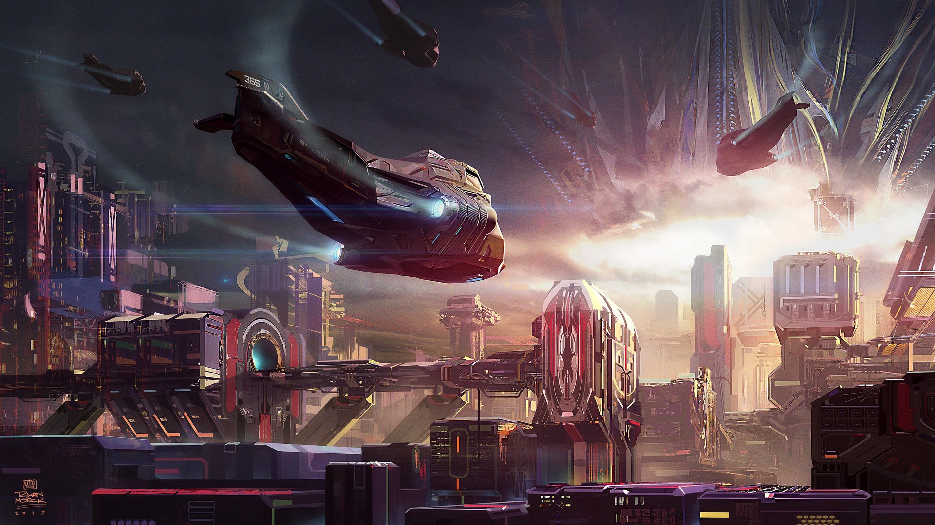 Spaceships flying over a futuristic city HD Wallpaper