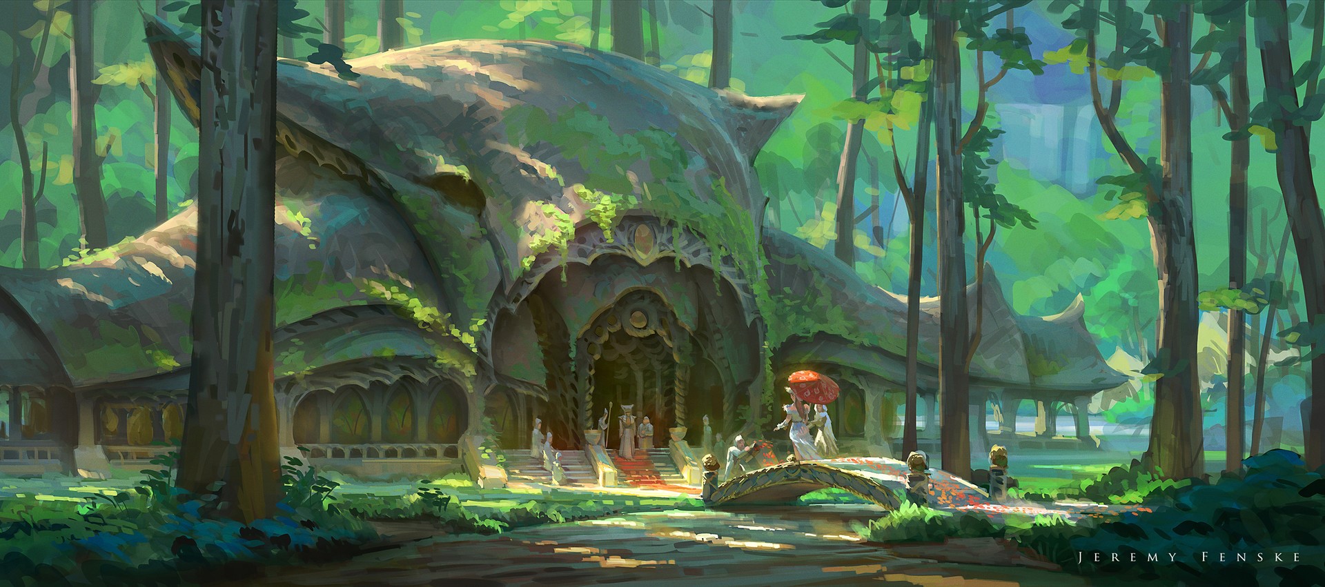 Fantasy forest building with people and bridge HD Wallpaper
