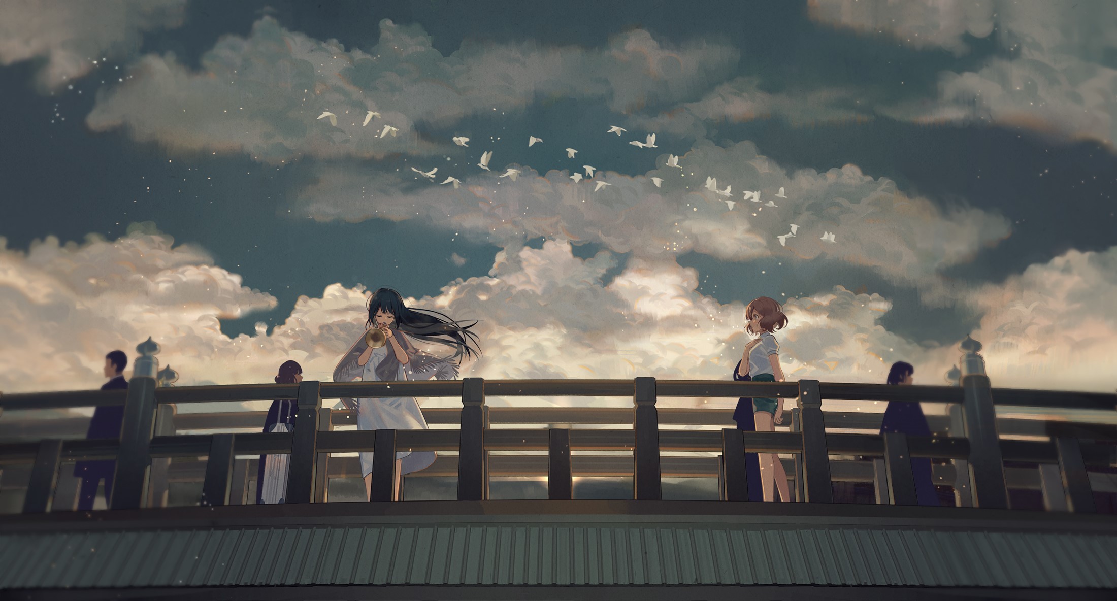 Anime girls and birds on a bridge HD Wallpaper