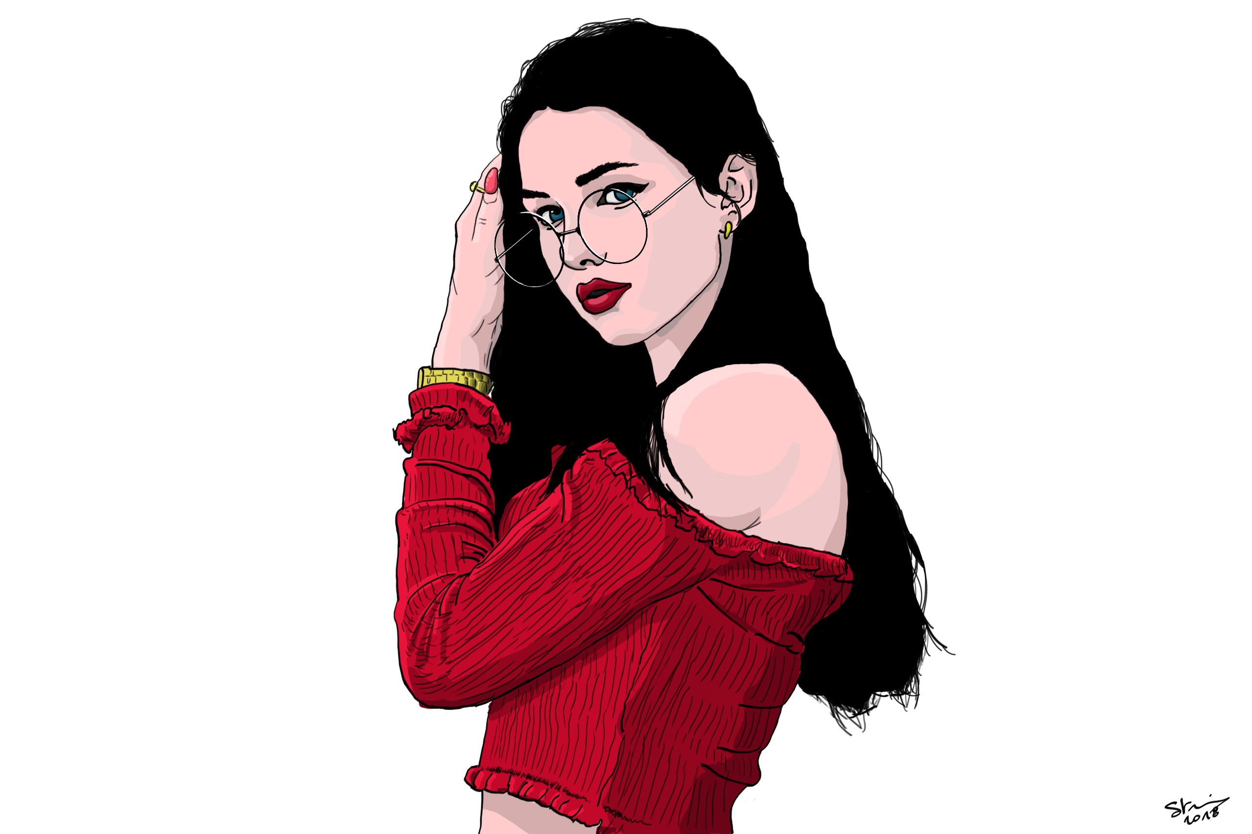 Digital art of a woman with glasses and red top HD Wallpaper