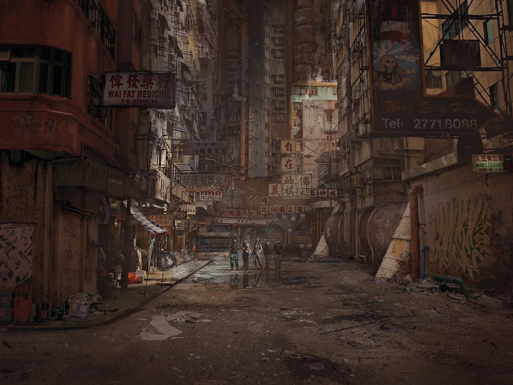 Cyberpunk City Street with Signs HD Wallpaper