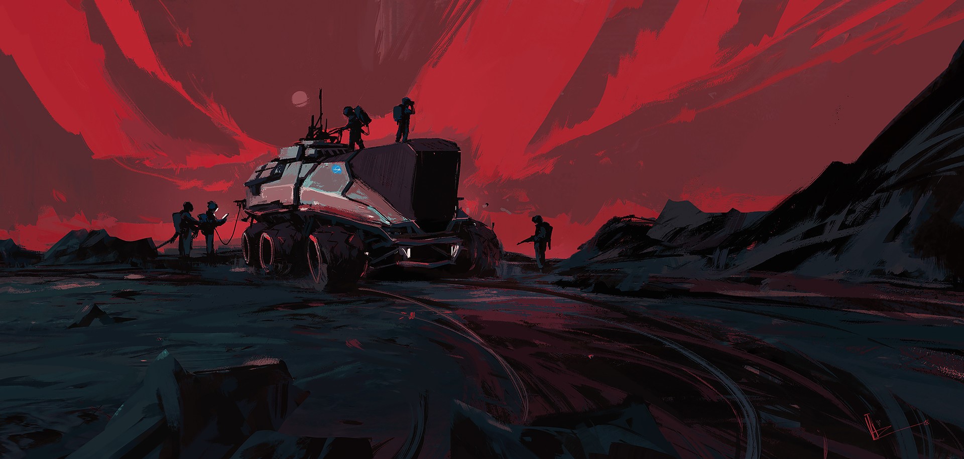 Science fiction illustration of a futuristic rover and crew on a red planet HD Wallpaper