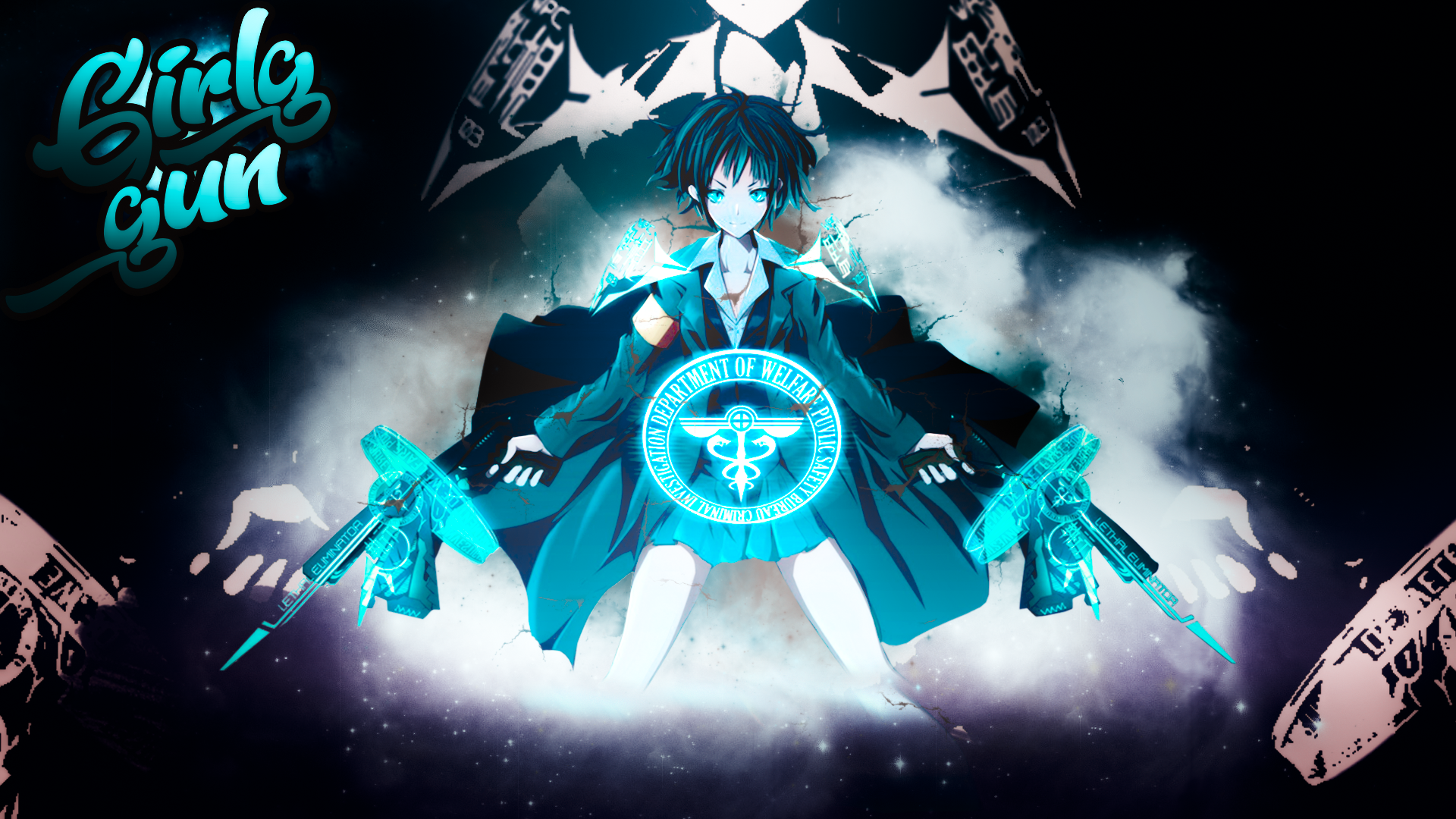 Anime girl with cyan guns and welfare emblem HD Wallpaper