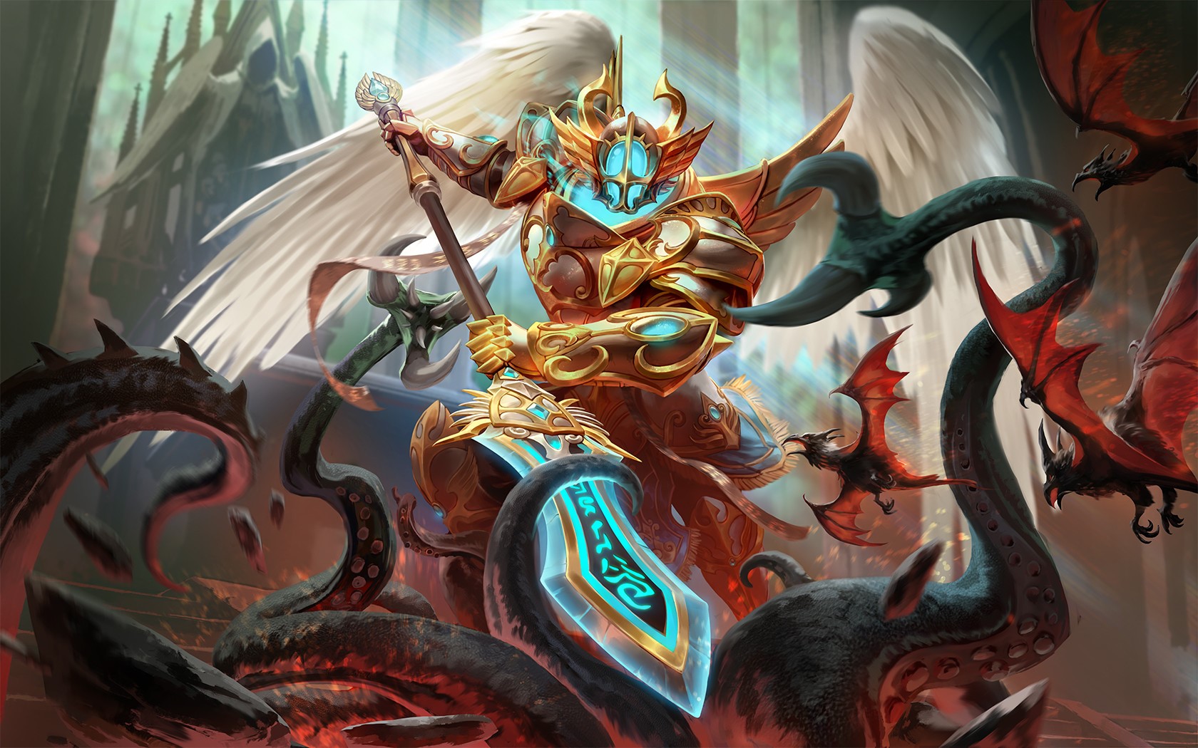 Angel warrior with spear fighting monsters in Smite HD Wallpaper