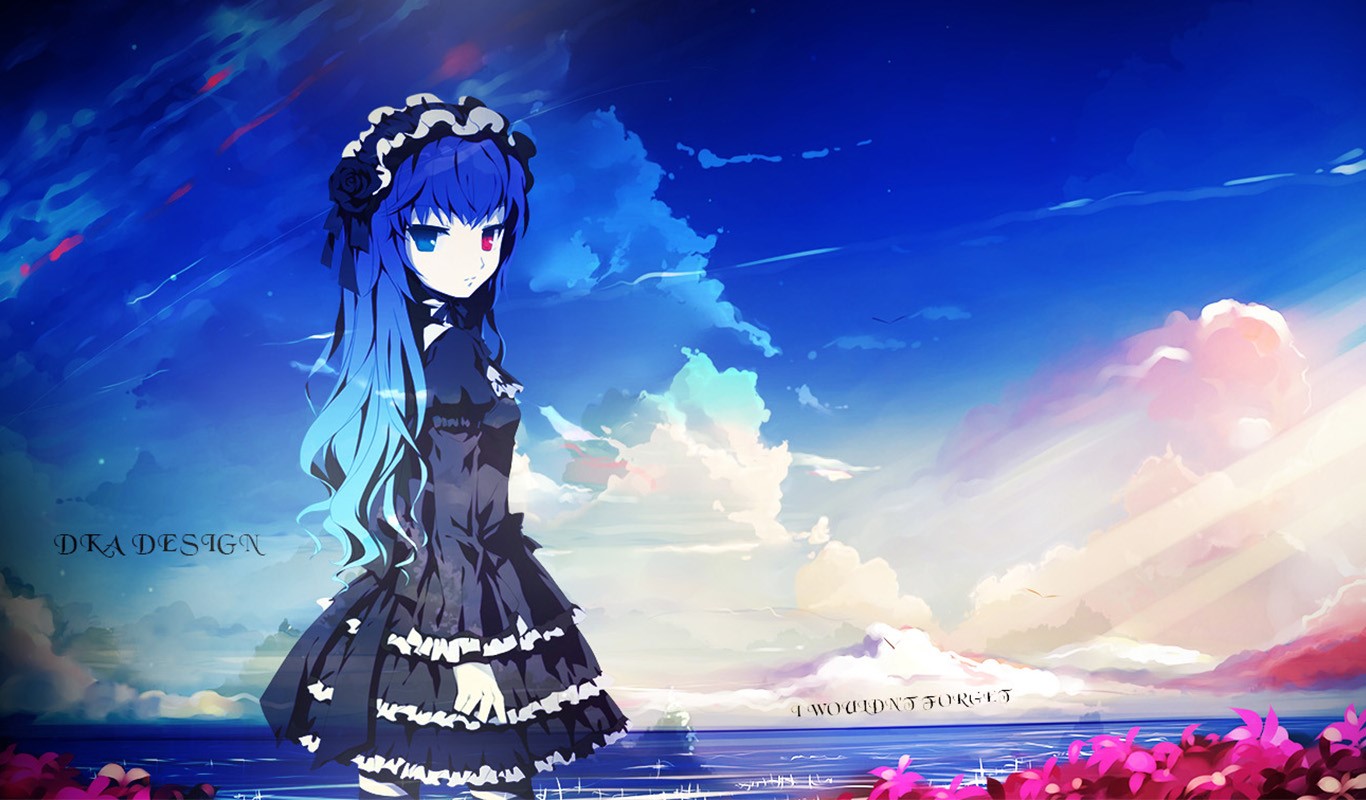 Anime girl with blue hair and heterochromia in gothic lolita dress HD Wallpaper