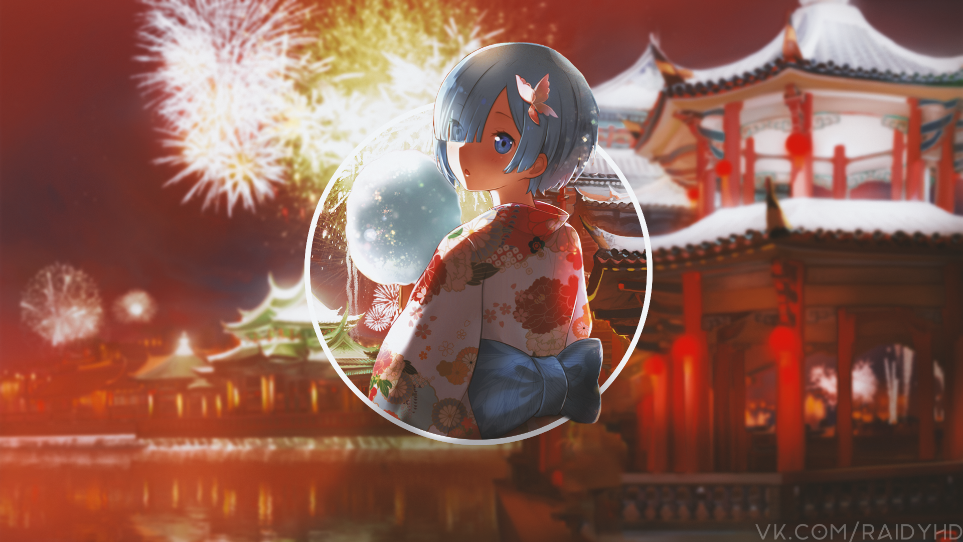 Rem from Re:Zero with fireworks and Japanese architecture HD Wallpaper