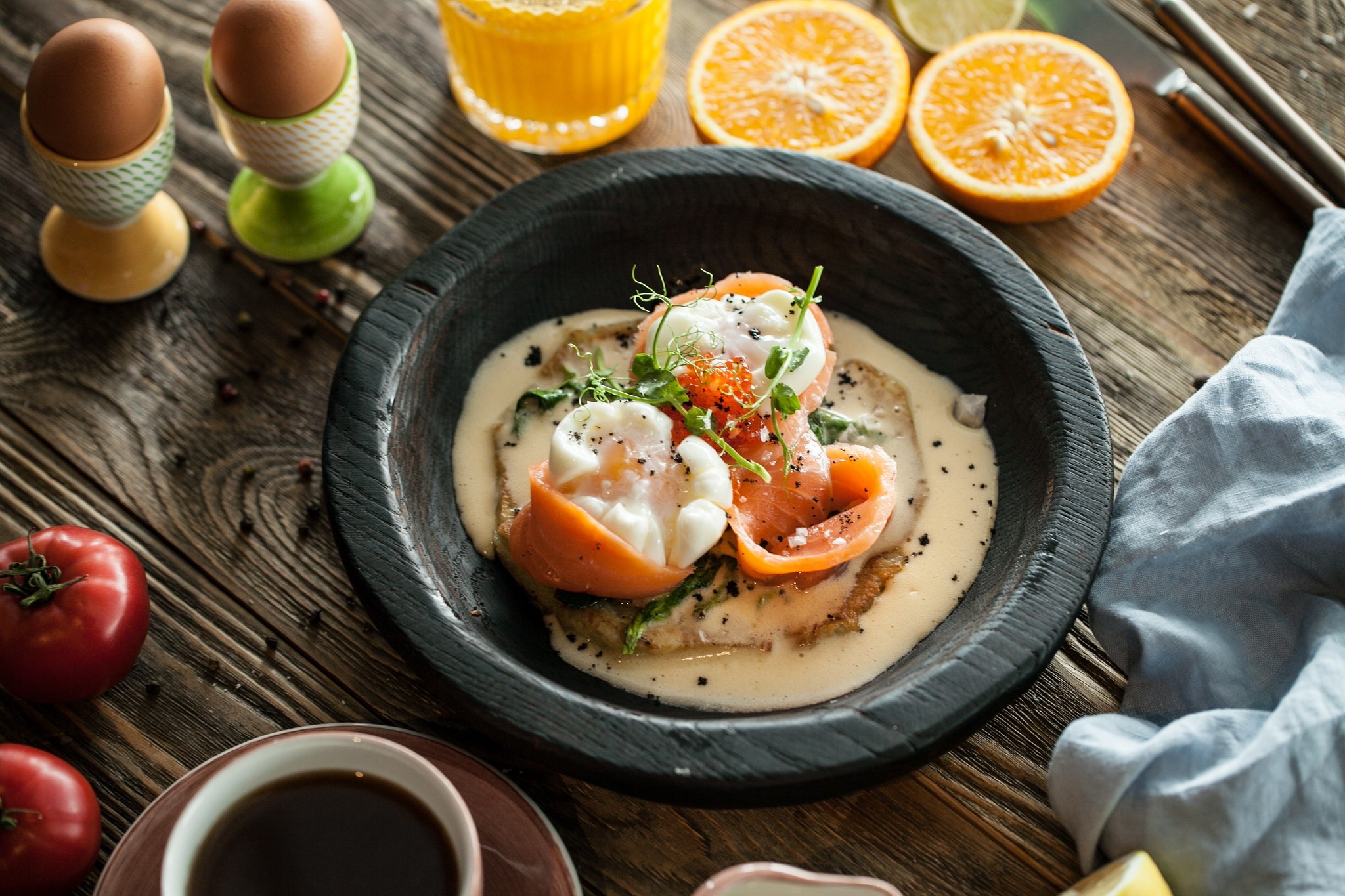Eggs Benedict with Smoked Salmon and Coffee HD Wallpaper