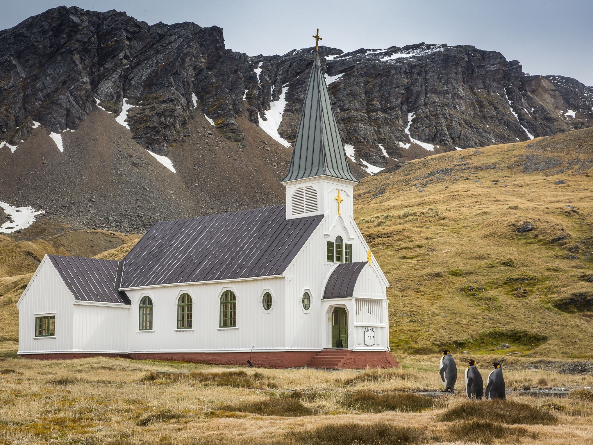 White church with penguins in front of mountains HD Wallpaper