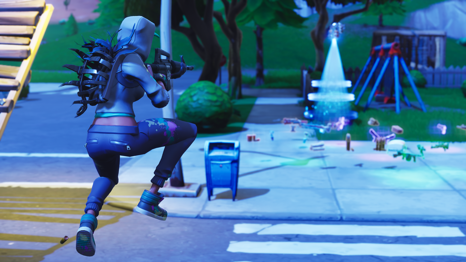 Fortnite character with weapon in a playground HD Wallpaper