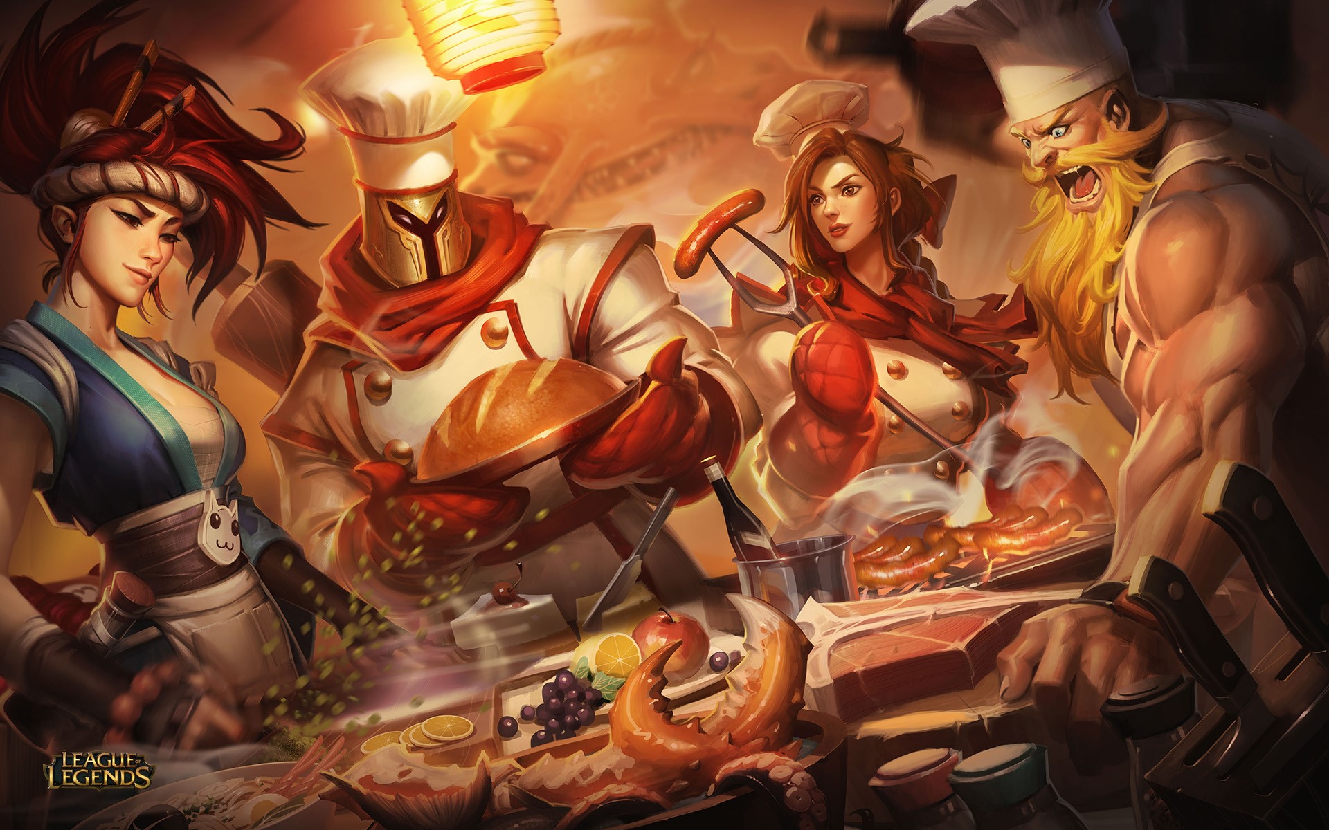 League of Legends chefs Akali, Leona, Pantheon, and Olaf cooking HD Wallpaper