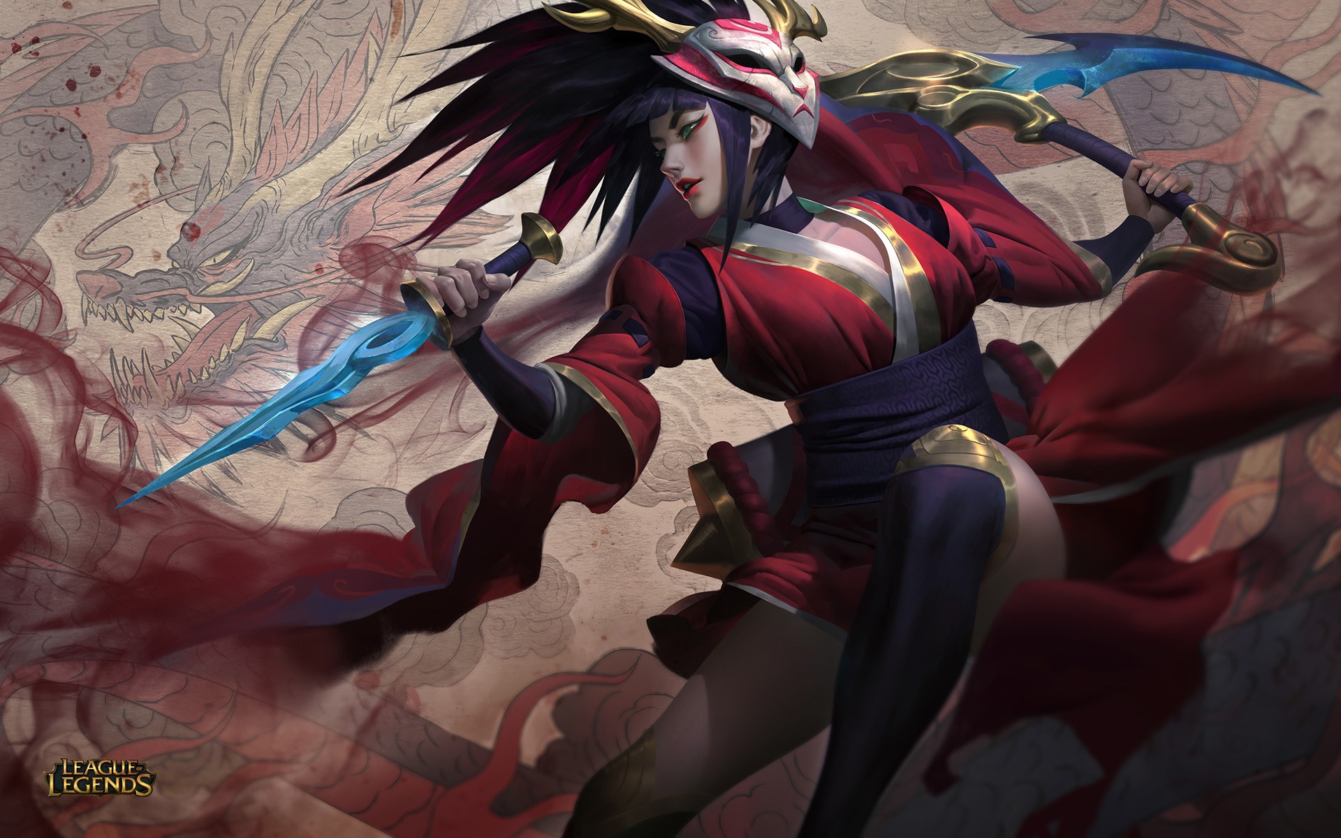 Akali from League of Legends with a dragon background HD Wallpaper