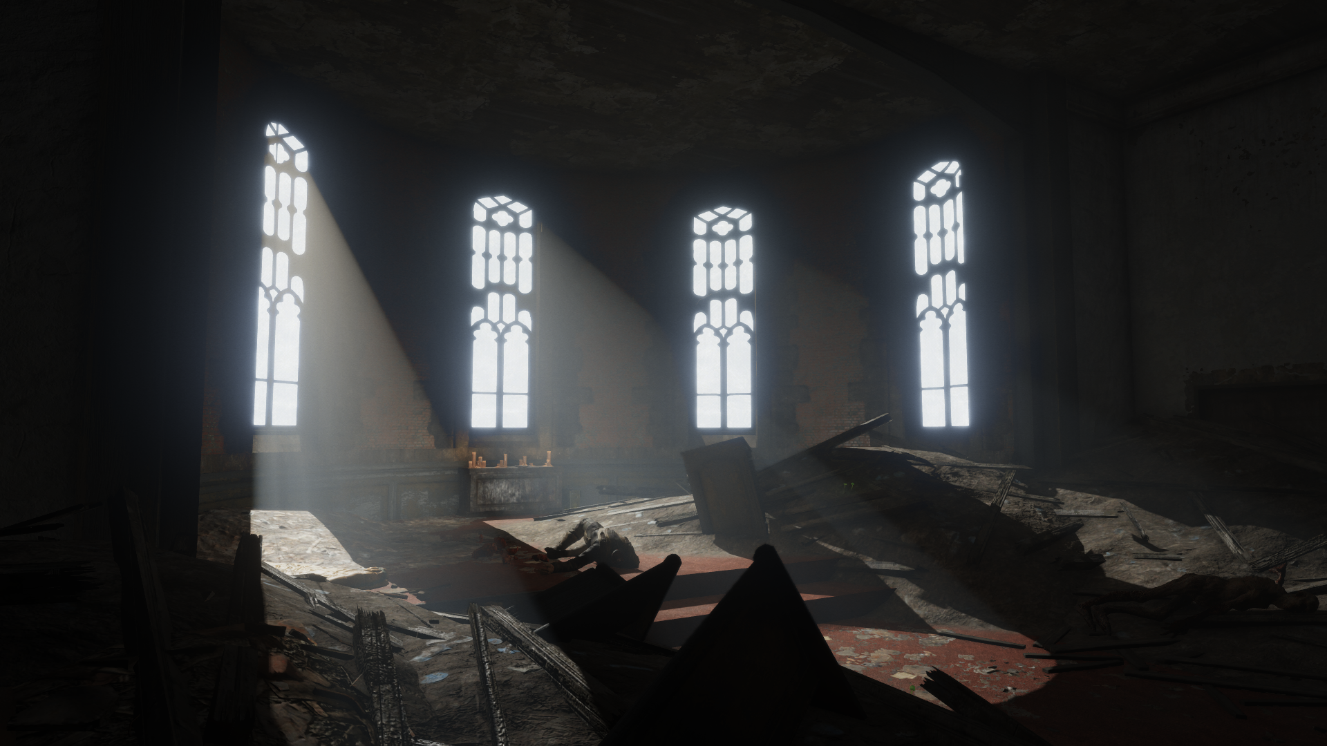 Ruined interior with gothic windows and light rays HD Wallpaper