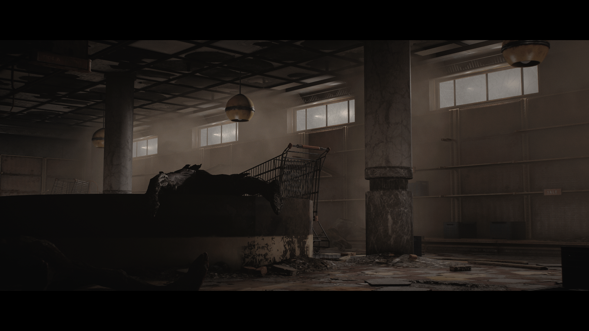 Abandoned supermarket interior with shopping cart HD Wallpaper