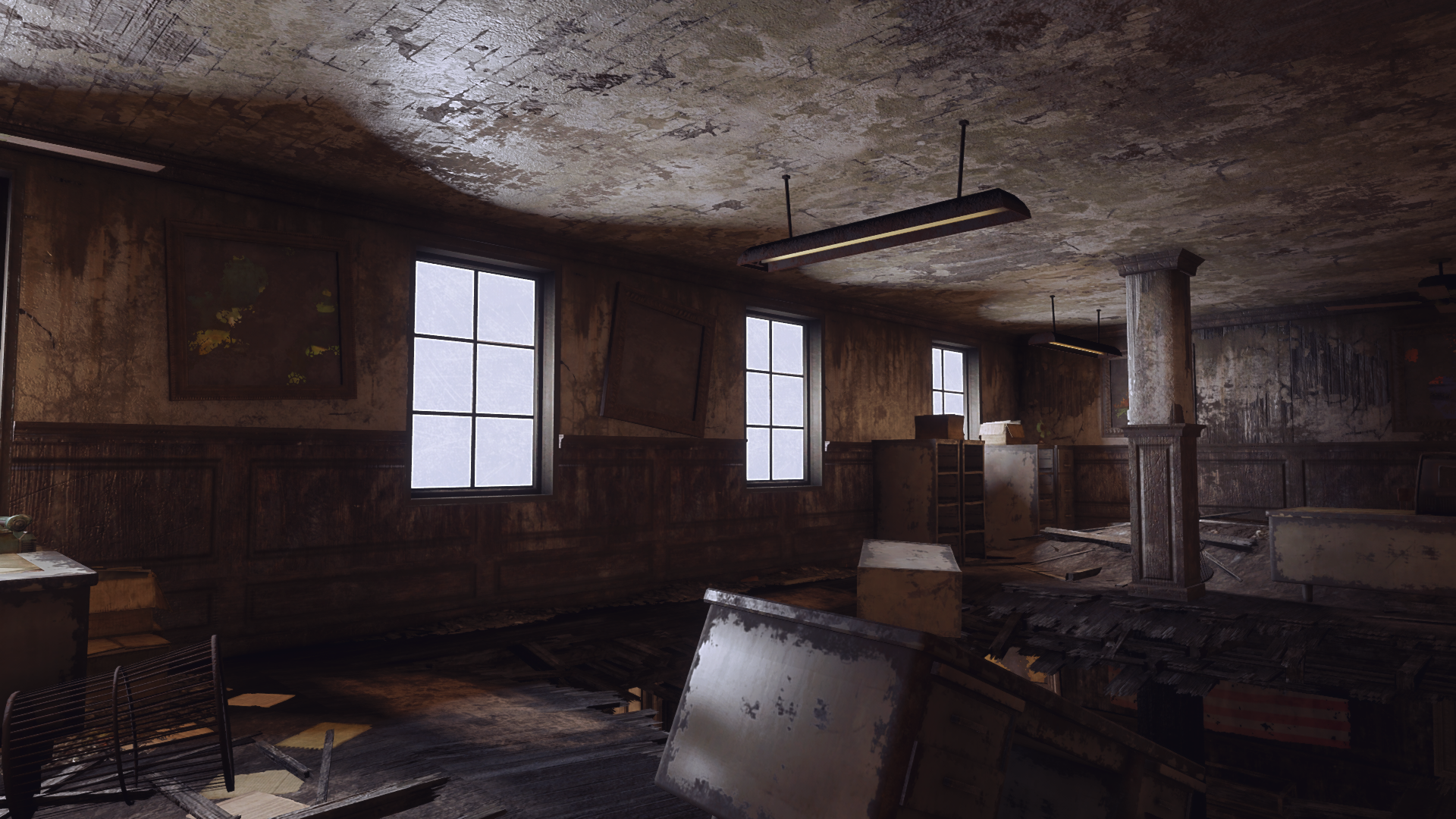 Interior of a dilapidated building from Fallout 4 HD Wallpaper