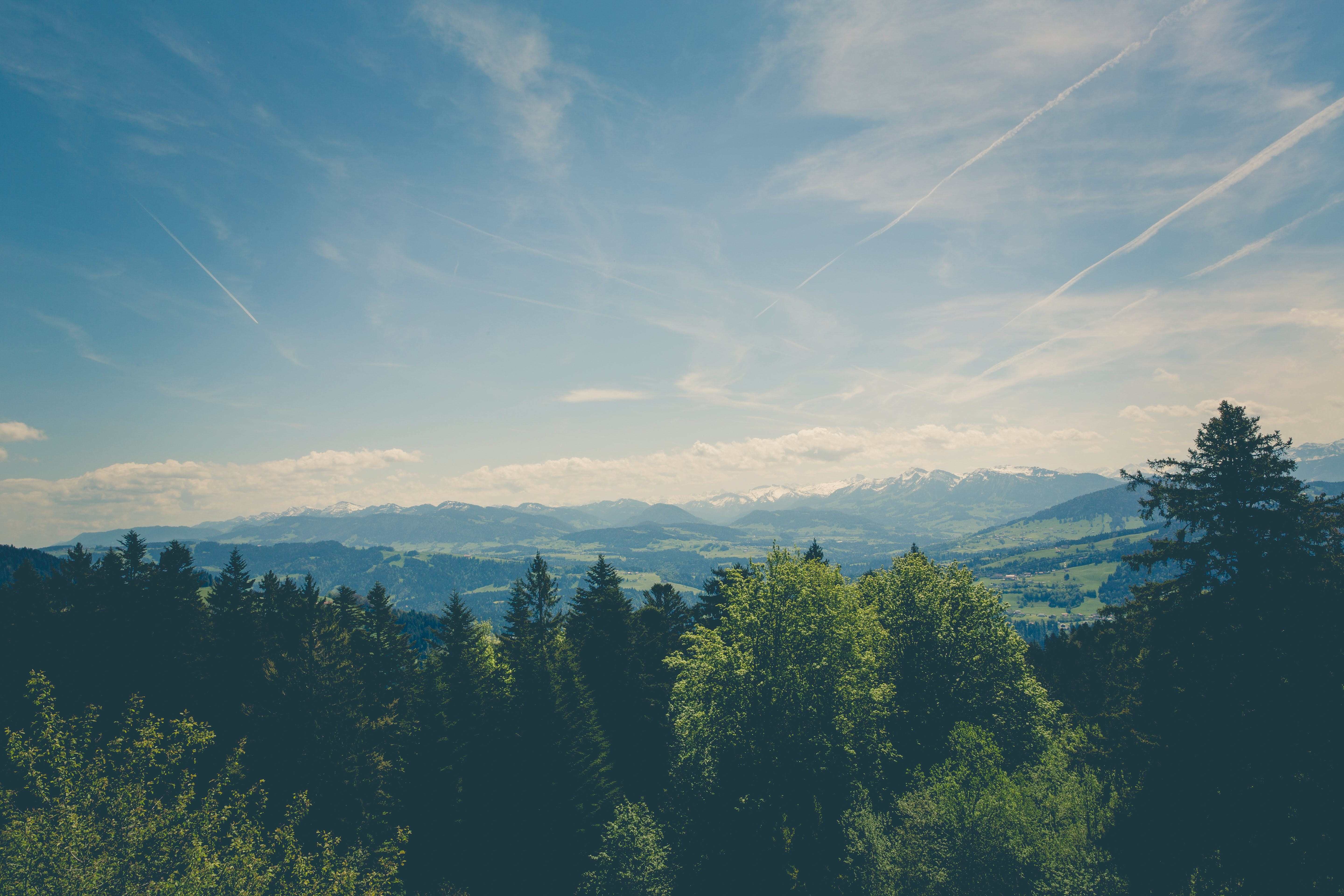 Landscape with Mountains and Contrails HD Wallpaper