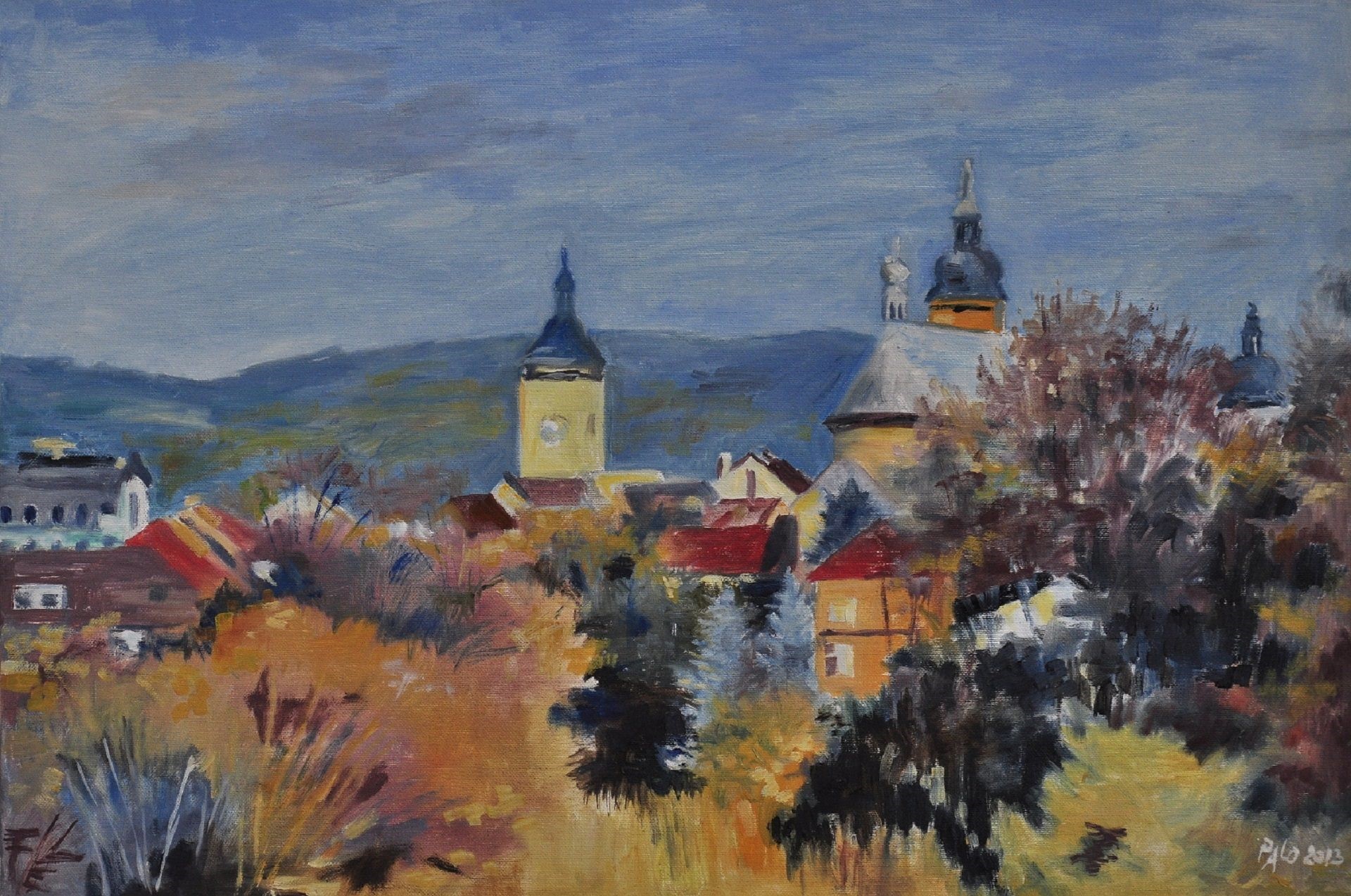 Painting of a Czech village with churches and trees HD Wallpaper