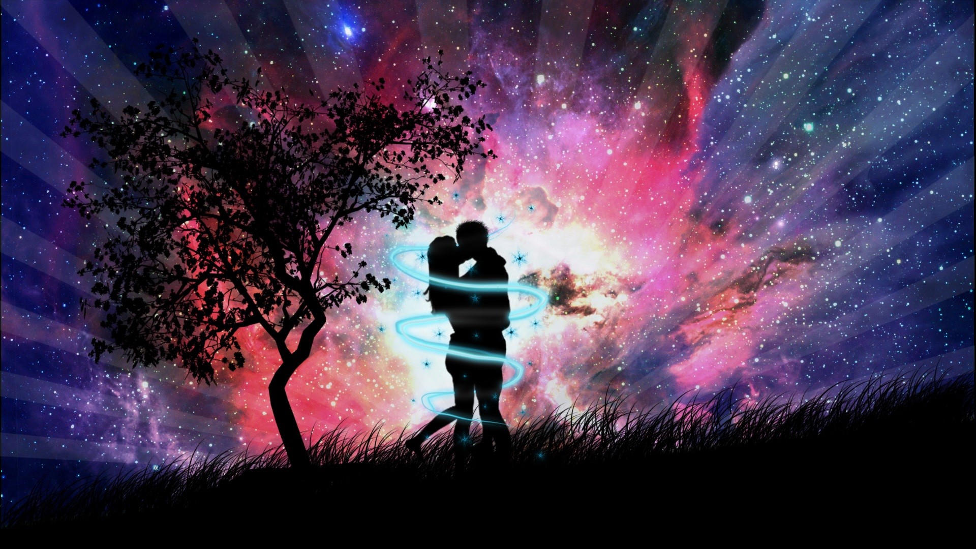 Couple kissing under a tree with a galaxy background HD Wallpaper