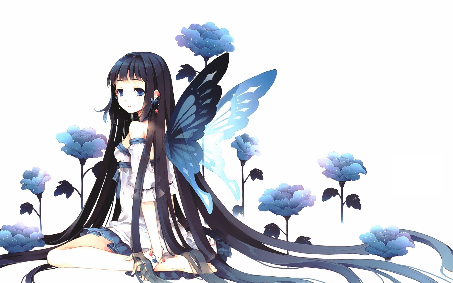 Anime girl with butterfly wings and blue flowers HD Wallpaper
