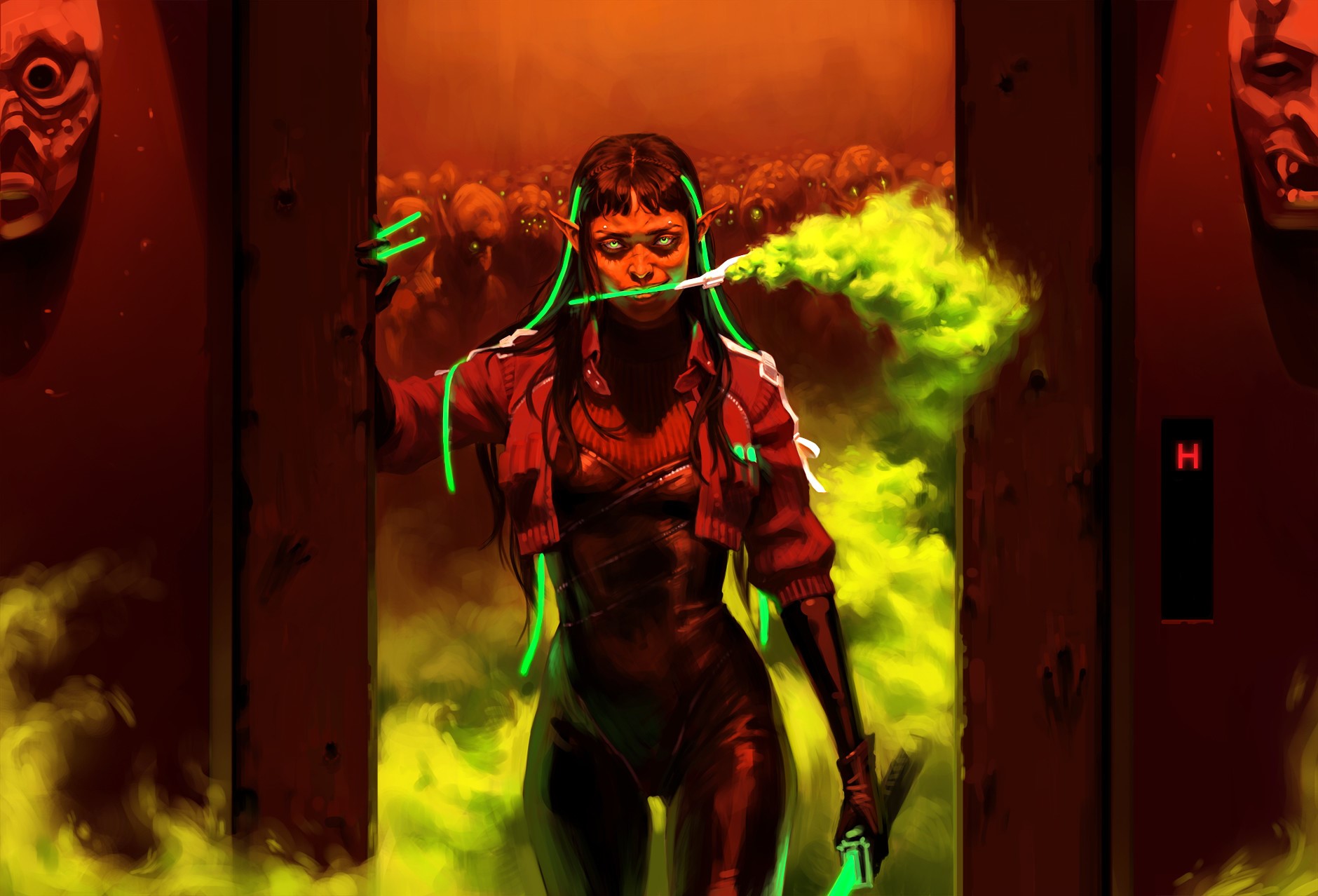 Woman in red jacket exhaling green smoke in hangar HD Wallpaper