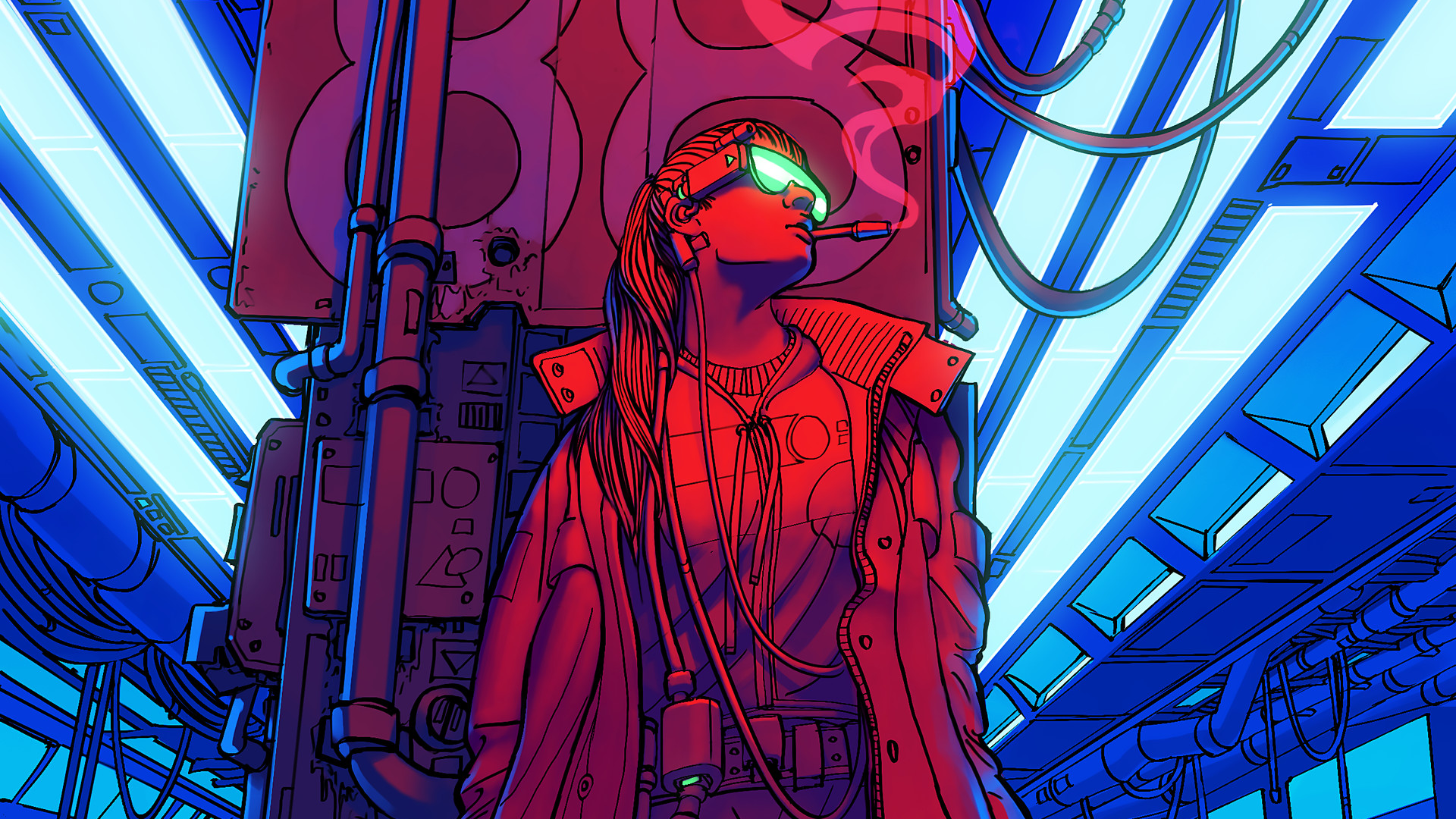 Cyberpunk woman with glowing glasses smoking HD Wallpaper