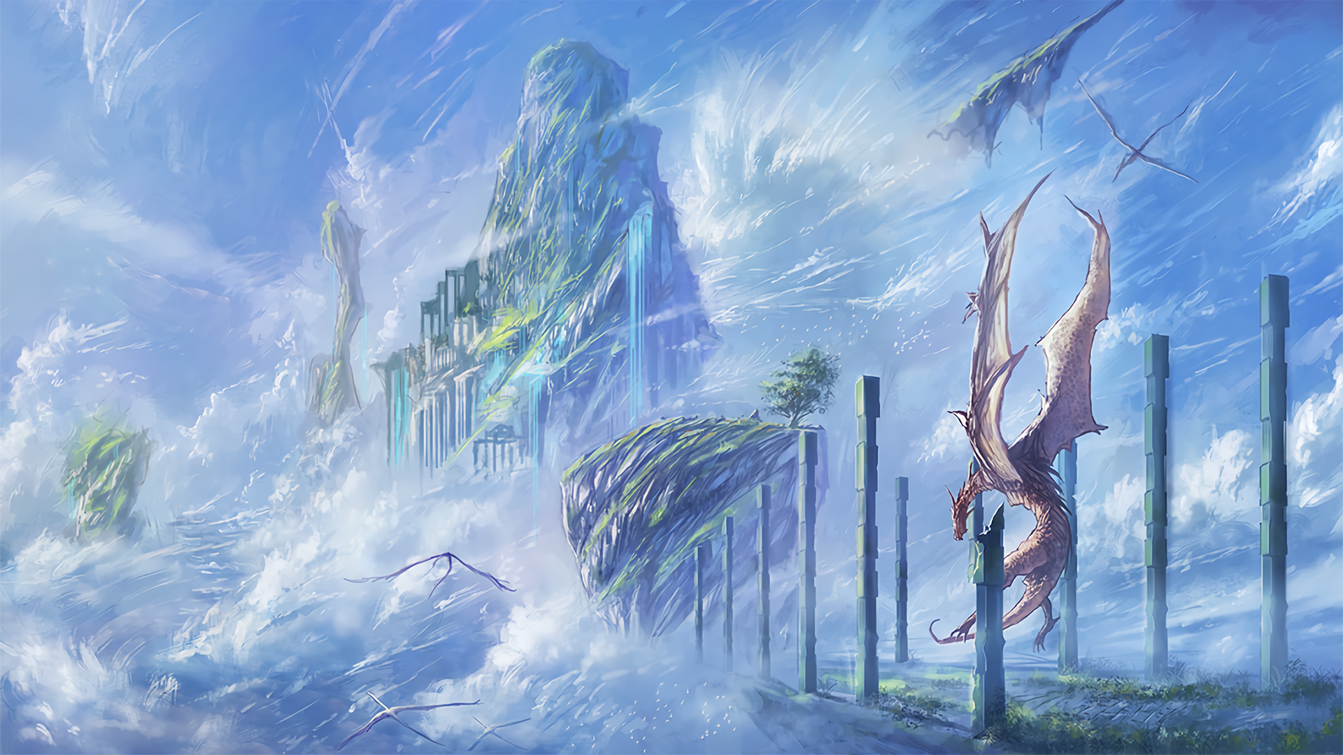 Dragon flying among ancient ruins in the clouds HD Wallpaper