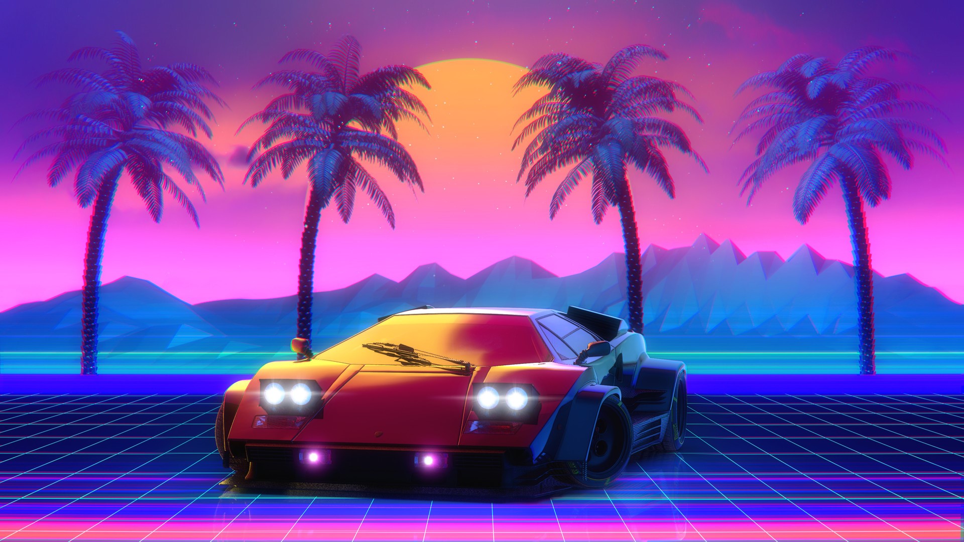 Retro car with palm trees and sunset HD Wallpaper