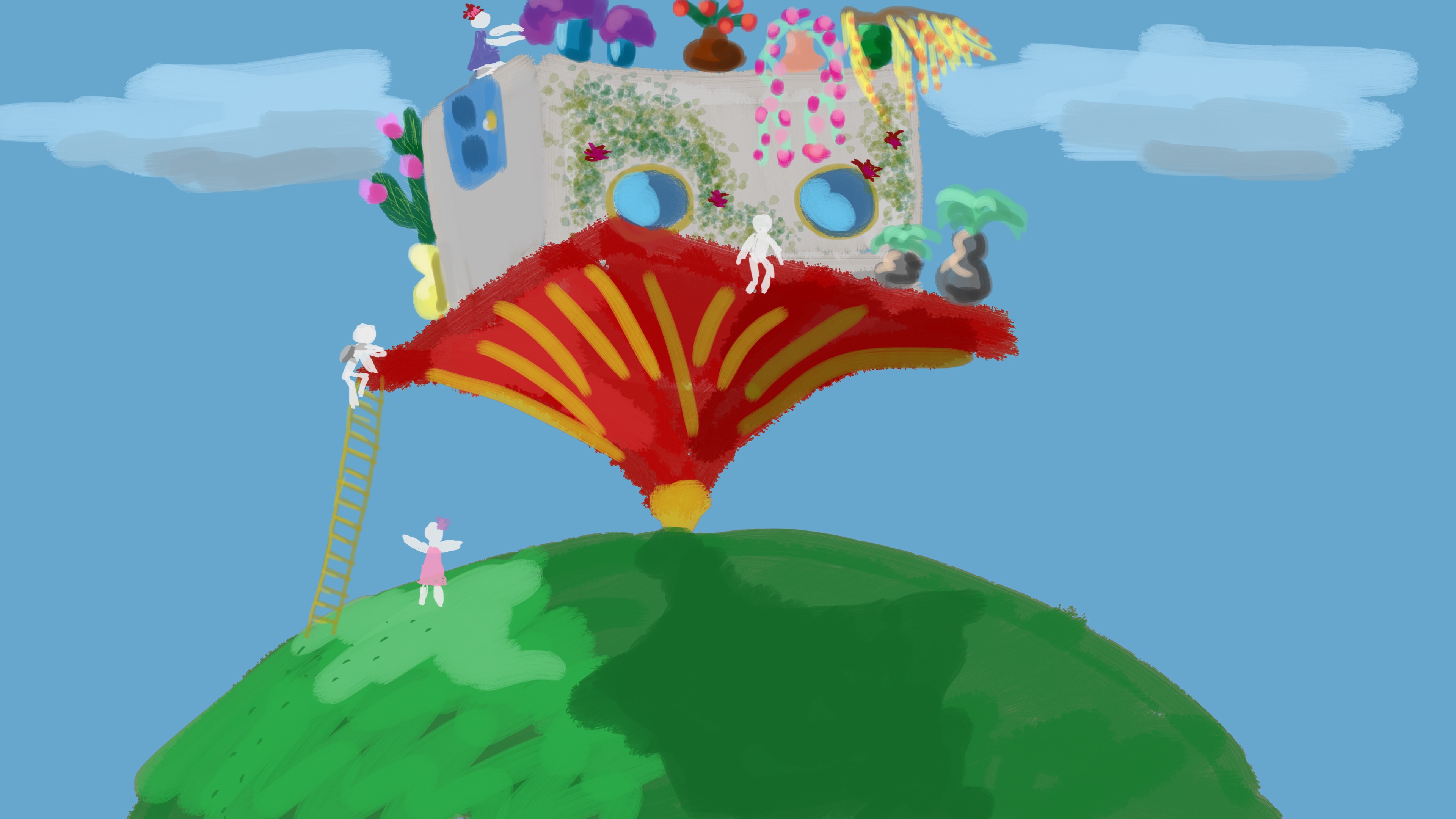 Cartoon house on a hill with fictional characters HD Wallpaper