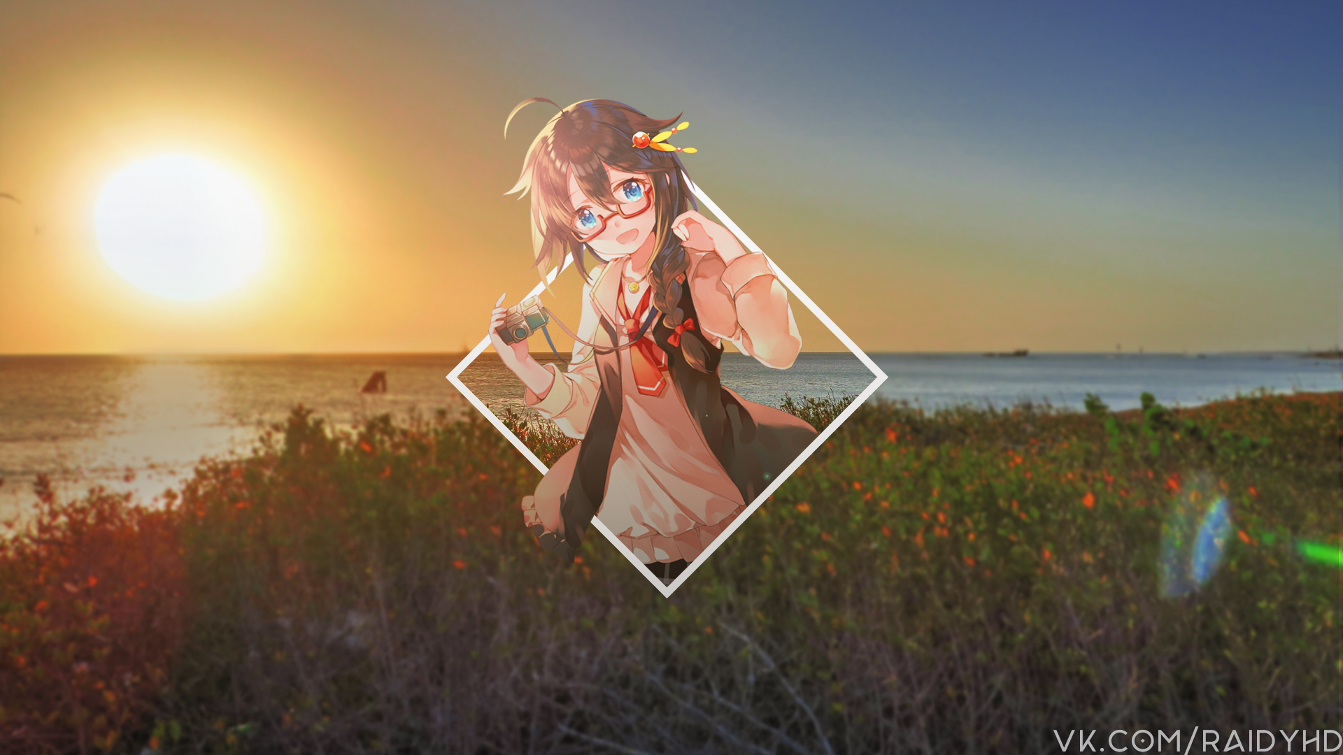 Anime girl with glasses holding a camera at sunset HD Wallpaper
