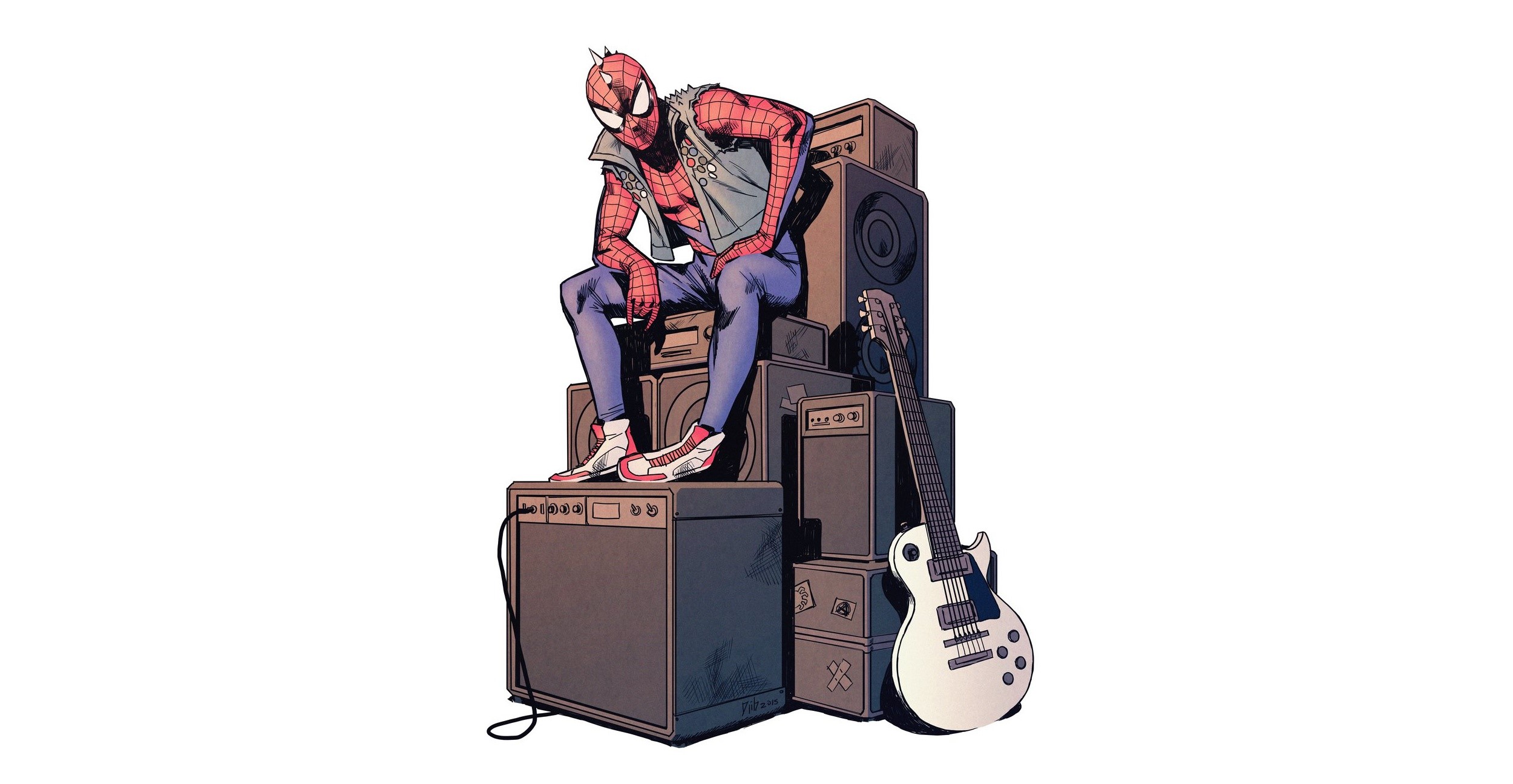 Spider-Man sitting on amplifiers with a guitar HD Wallpaper
