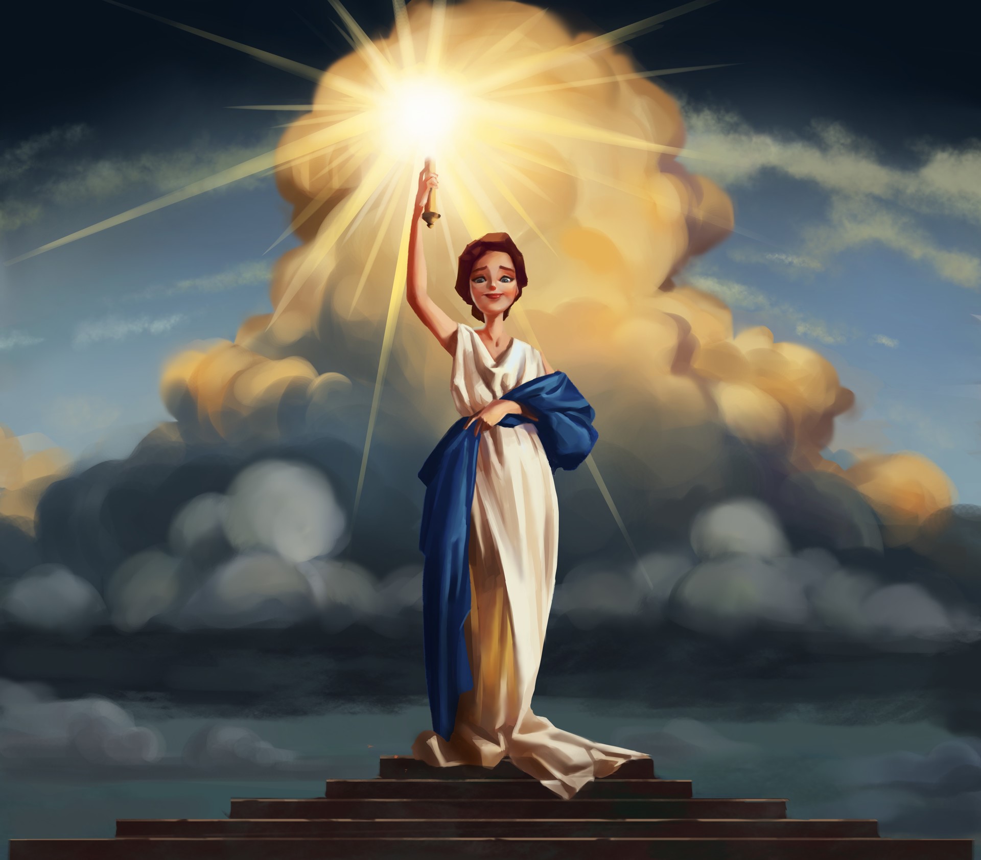 Woman holding a torch on stairs with clouds and sun HD Wallpaper