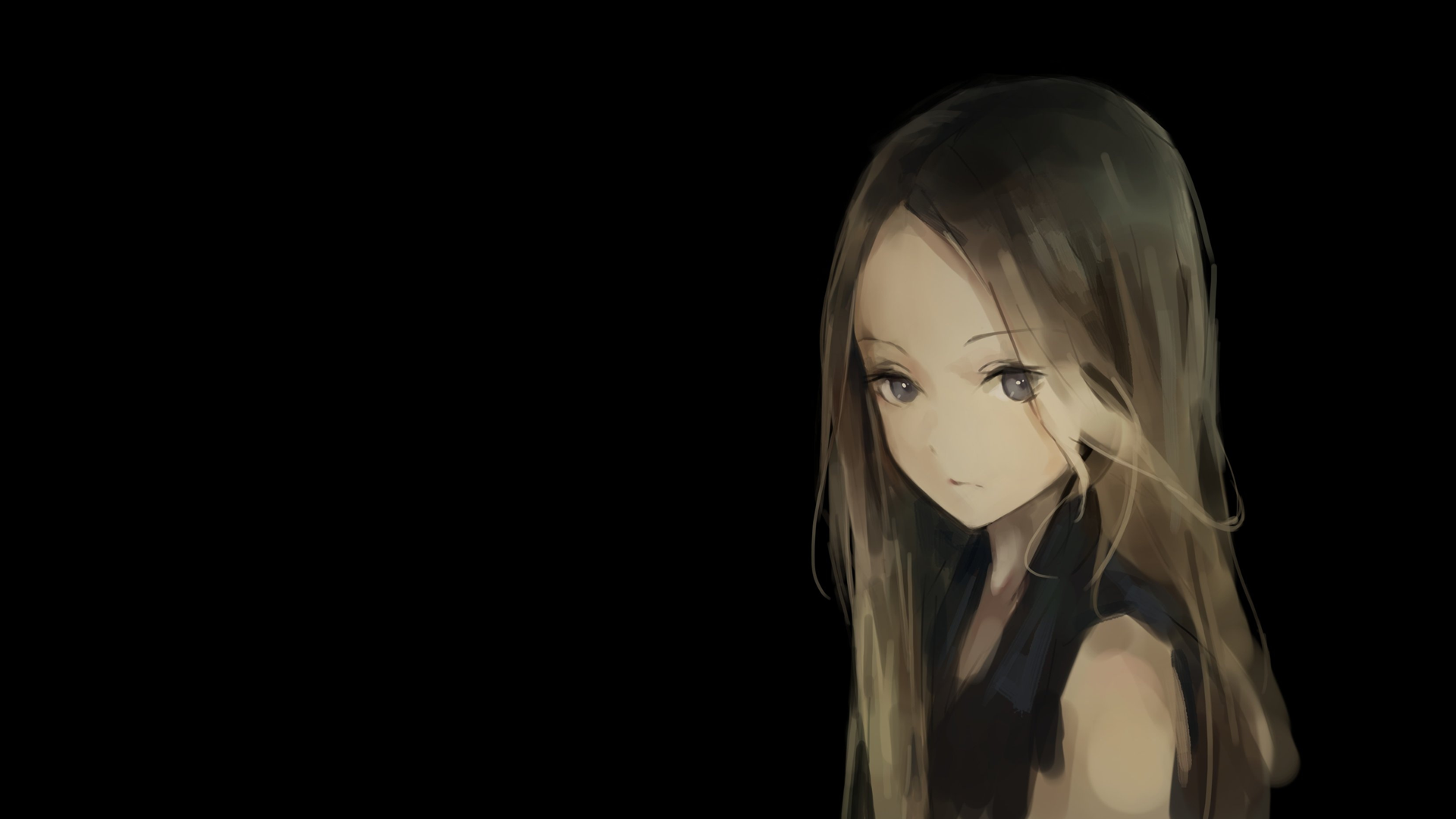 Anime girl with long brown hair on black background HD Wallpaper