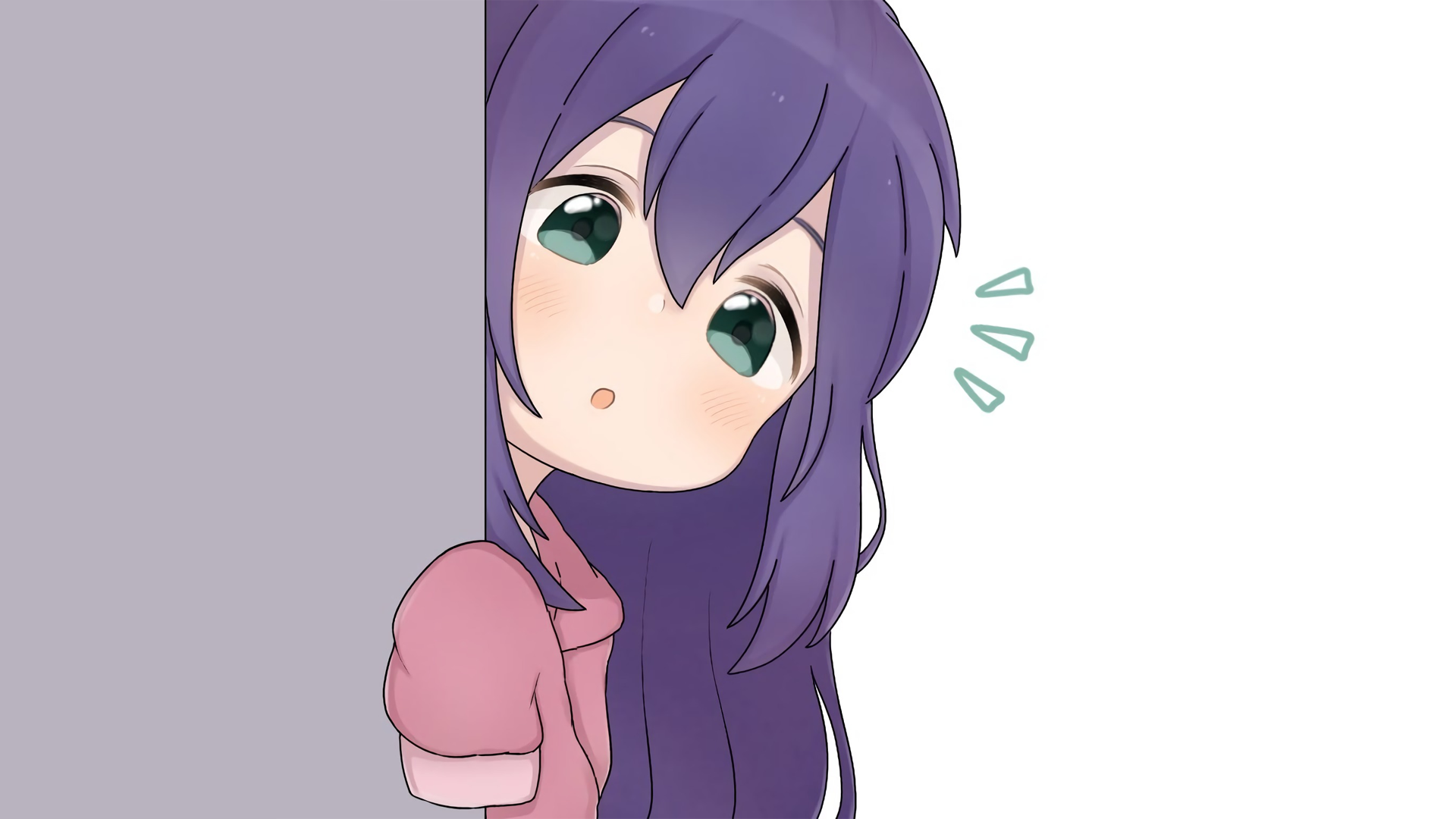 Anime girl with purple hair peeking from behind a wall HD Wallpaper