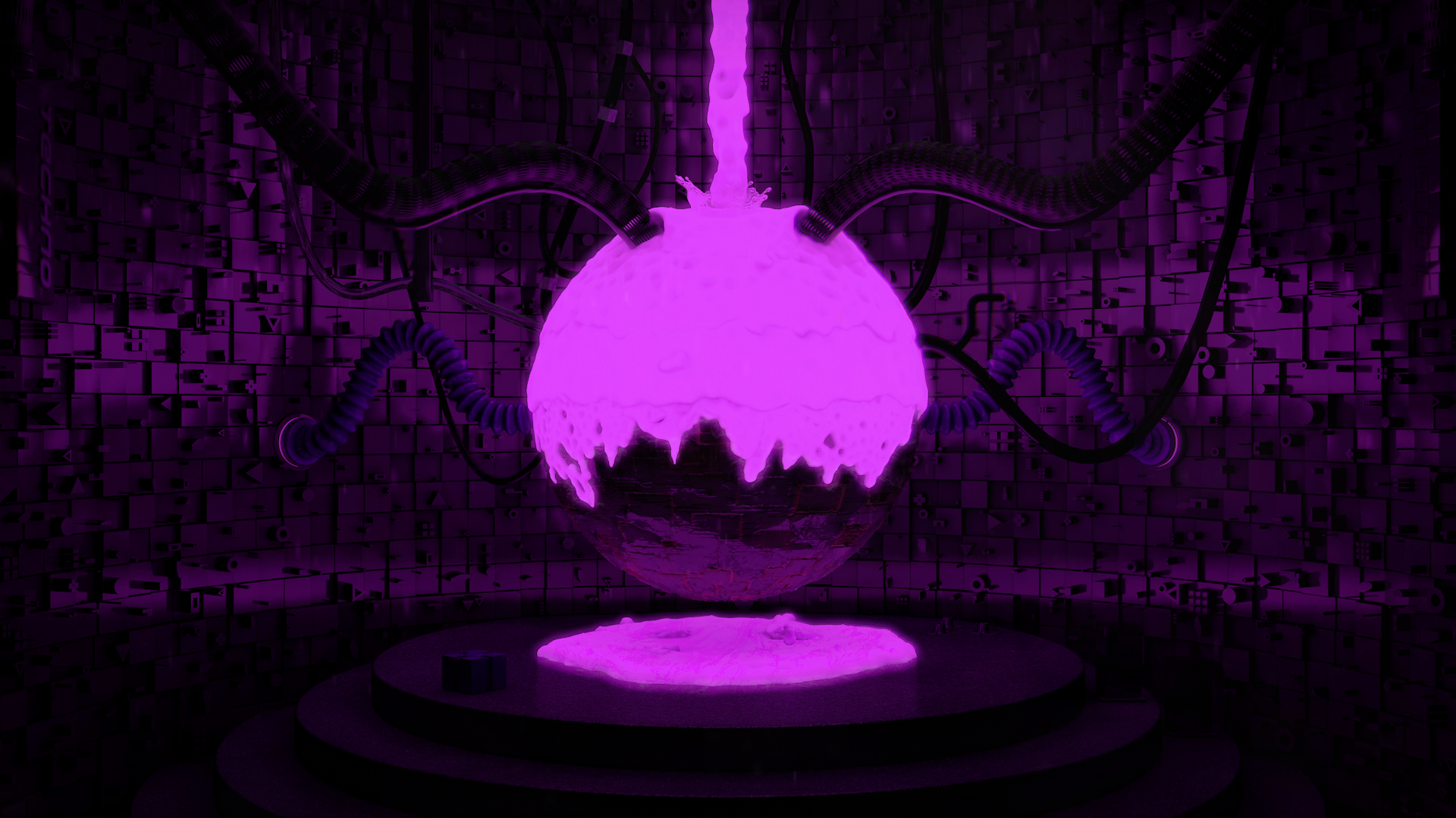 Abstract purple sphere with neon liquid in a futuristic room HD Wallpaper