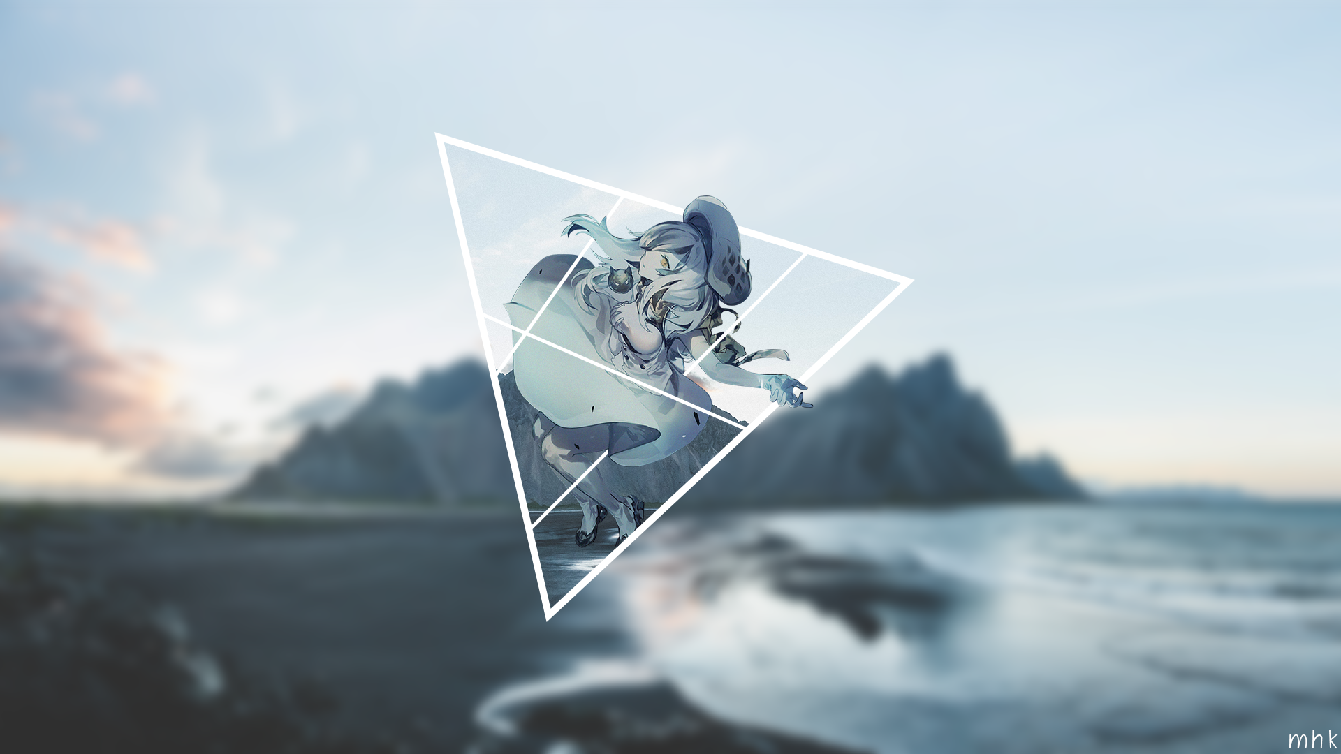 Anime girl with white triangle overlay on beach landscape HD Wallpaper