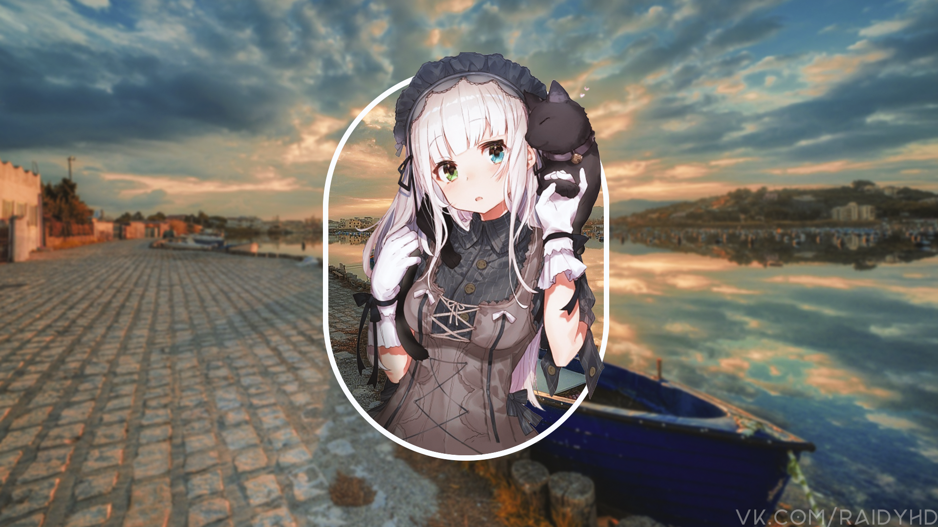 Anime girl with black cat and heterochromia by the water HD Wallpaper