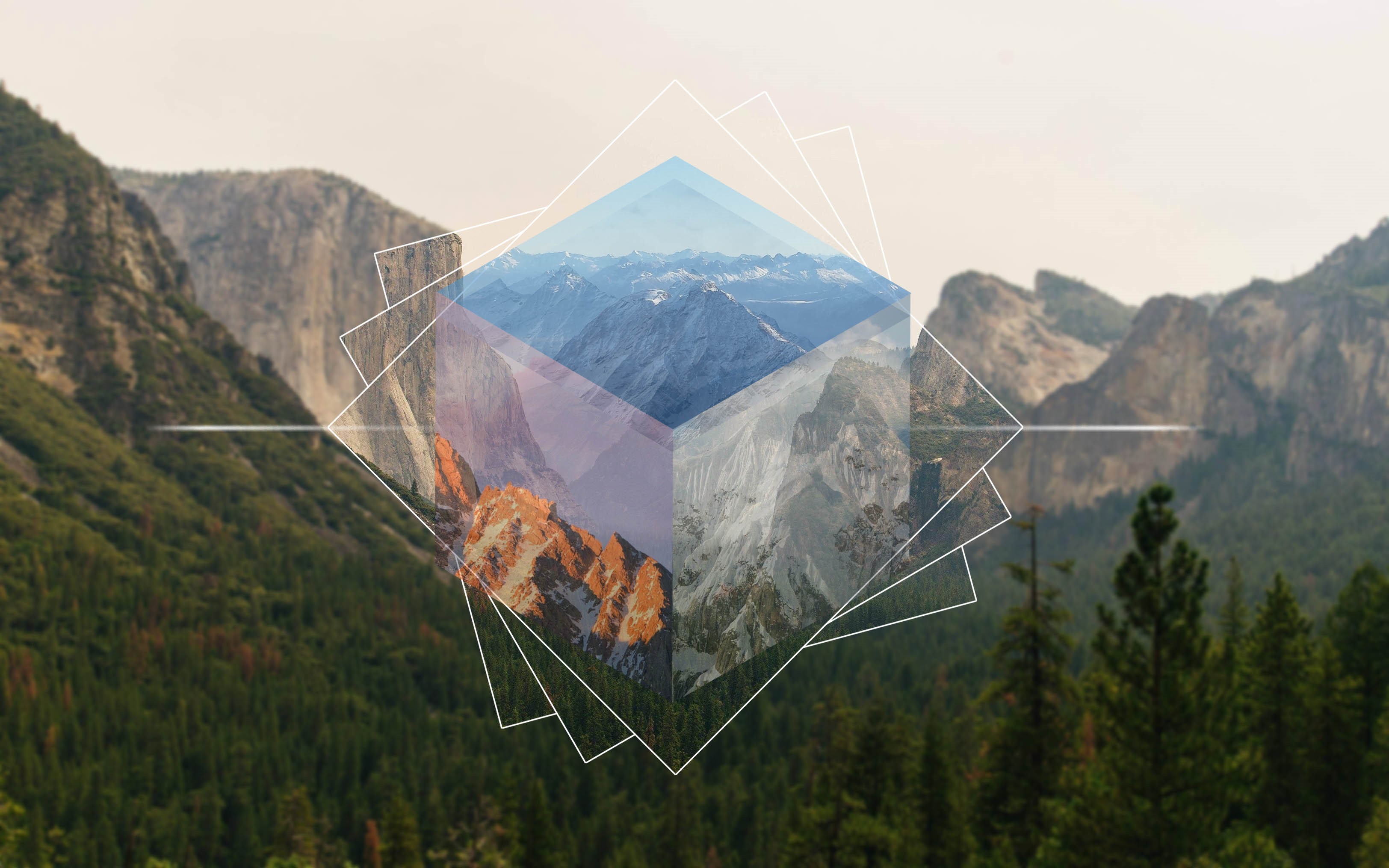 Geometric cube overlay on mountain forest landscape HD Wallpaper