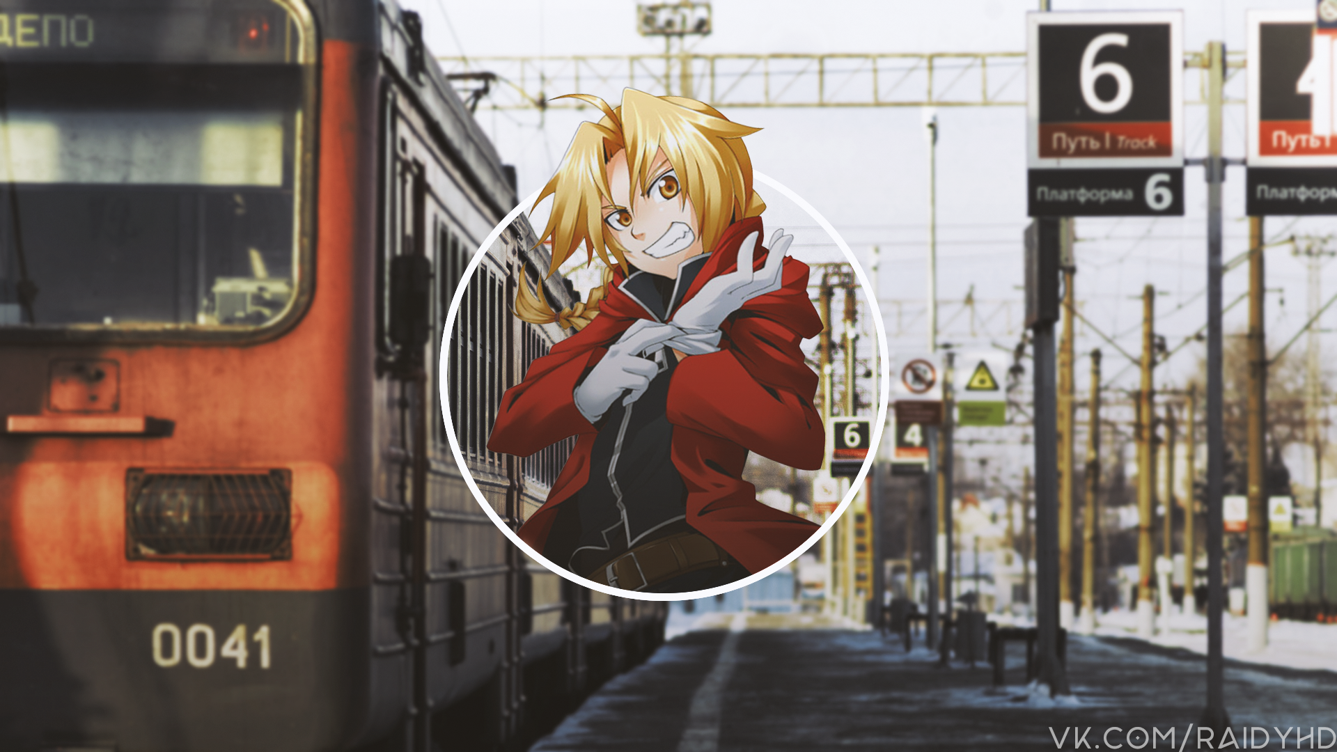 Edward Elric from Full Metal Alchemist at a train station HD Wallpaper