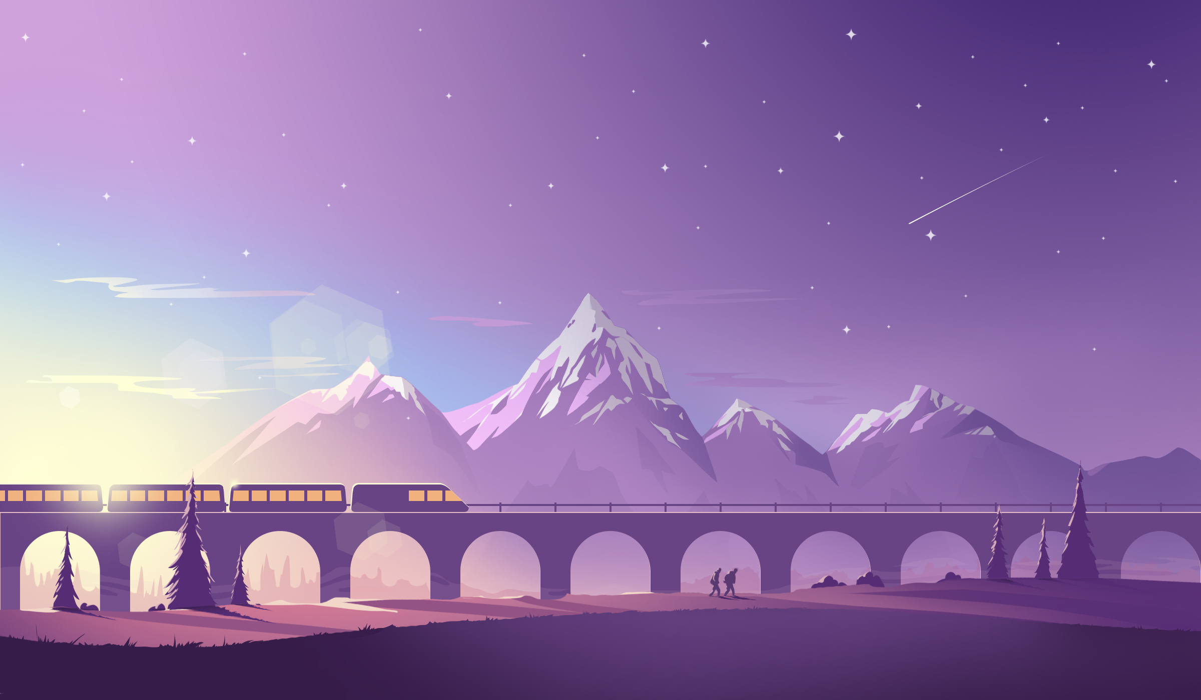 Train on a bridge with mountains and stars HD Wallpaper