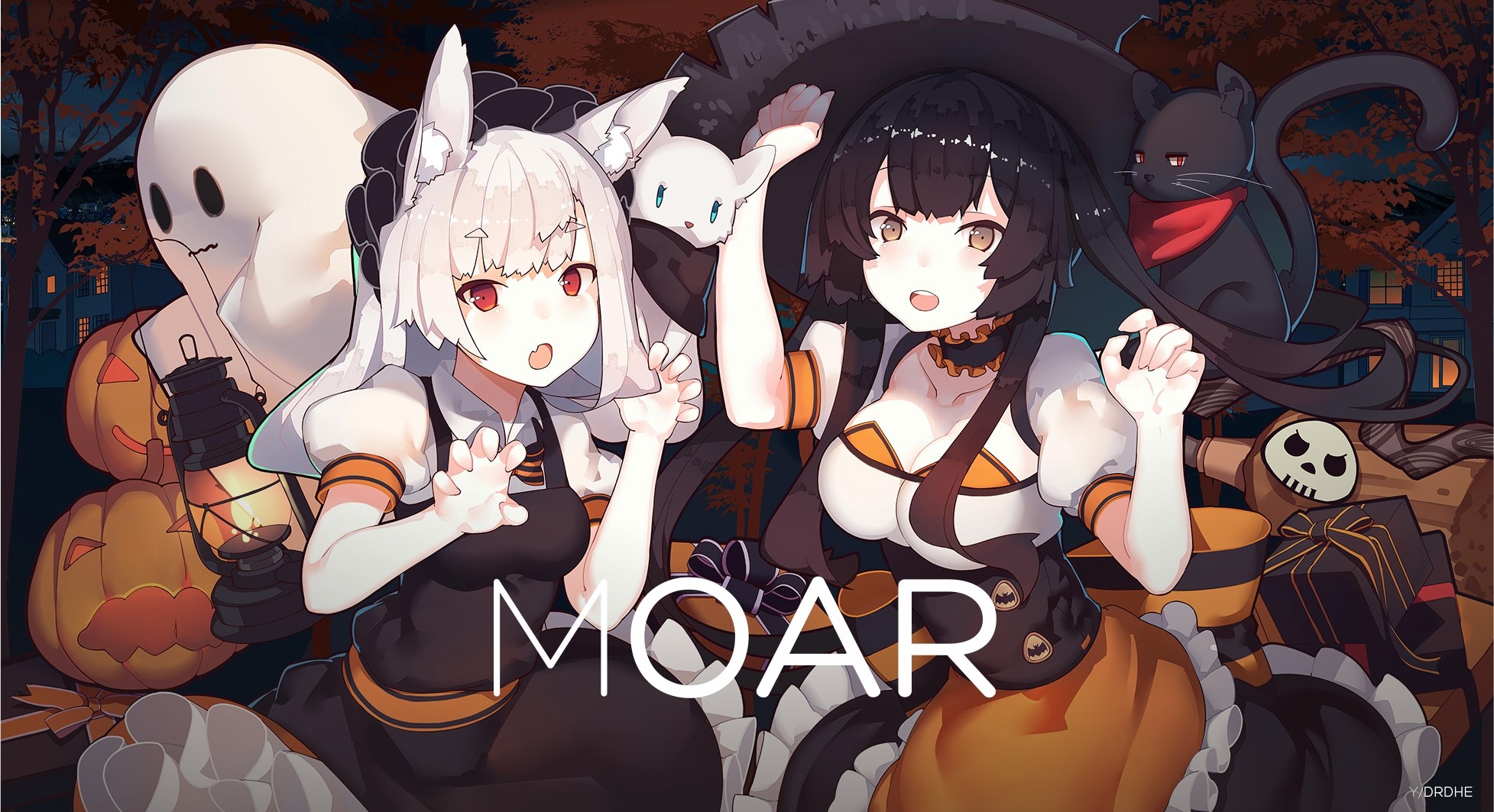 Anime girls in Halloween costumes with pumpkins and ghost HD Wallpaper
