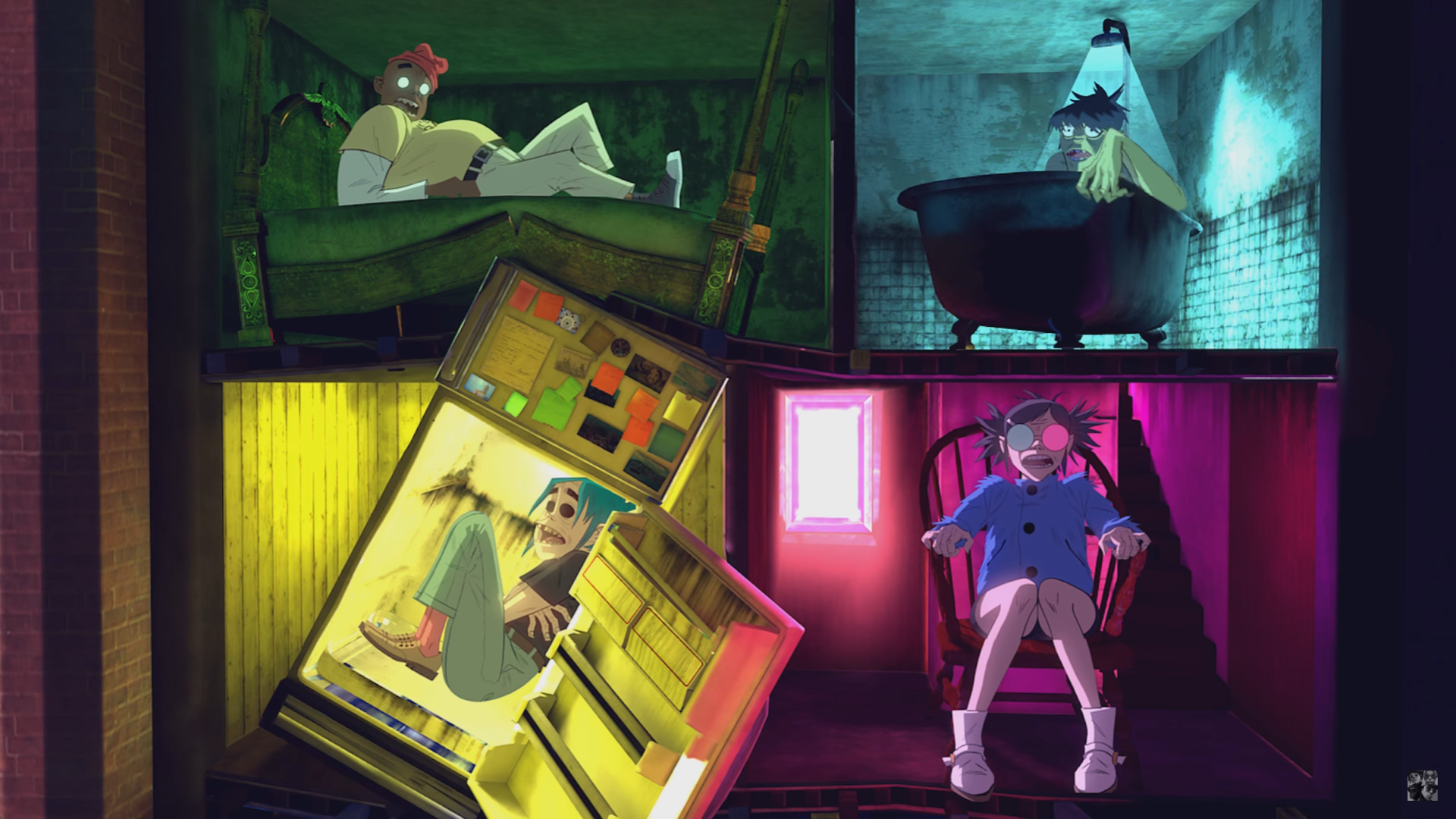 Gorillaz characters in a surreal, multi-level environment HD Wallpaper