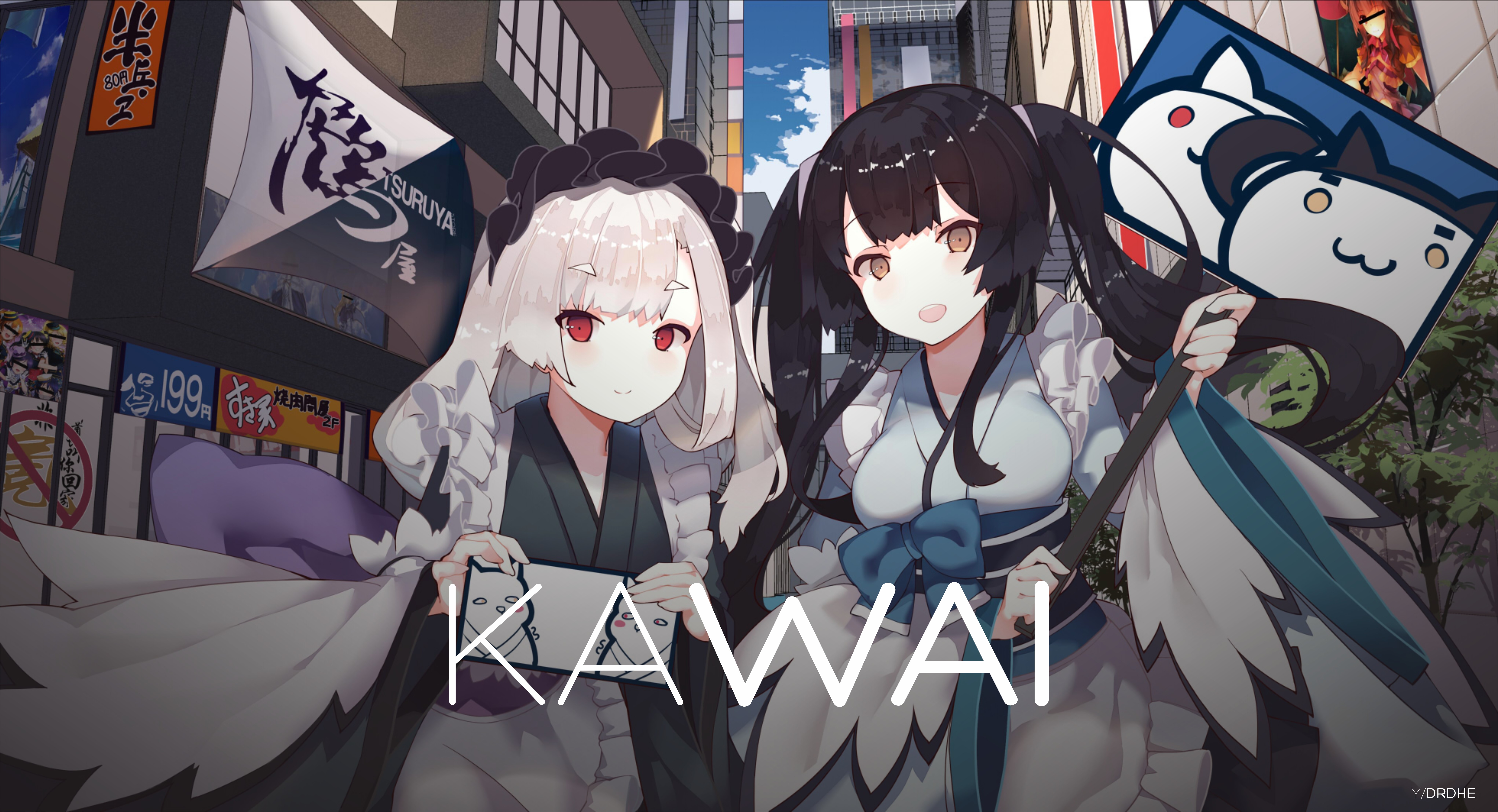 Anime Girls in Tokyo with Kawaii Banner HD Wallpaper