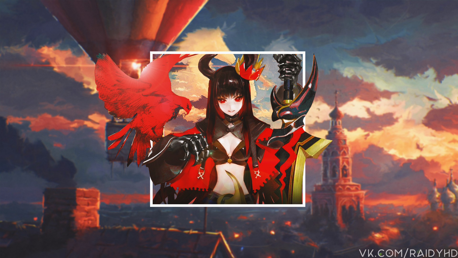 Anime girl with horns and red bird HD Wallpaper
