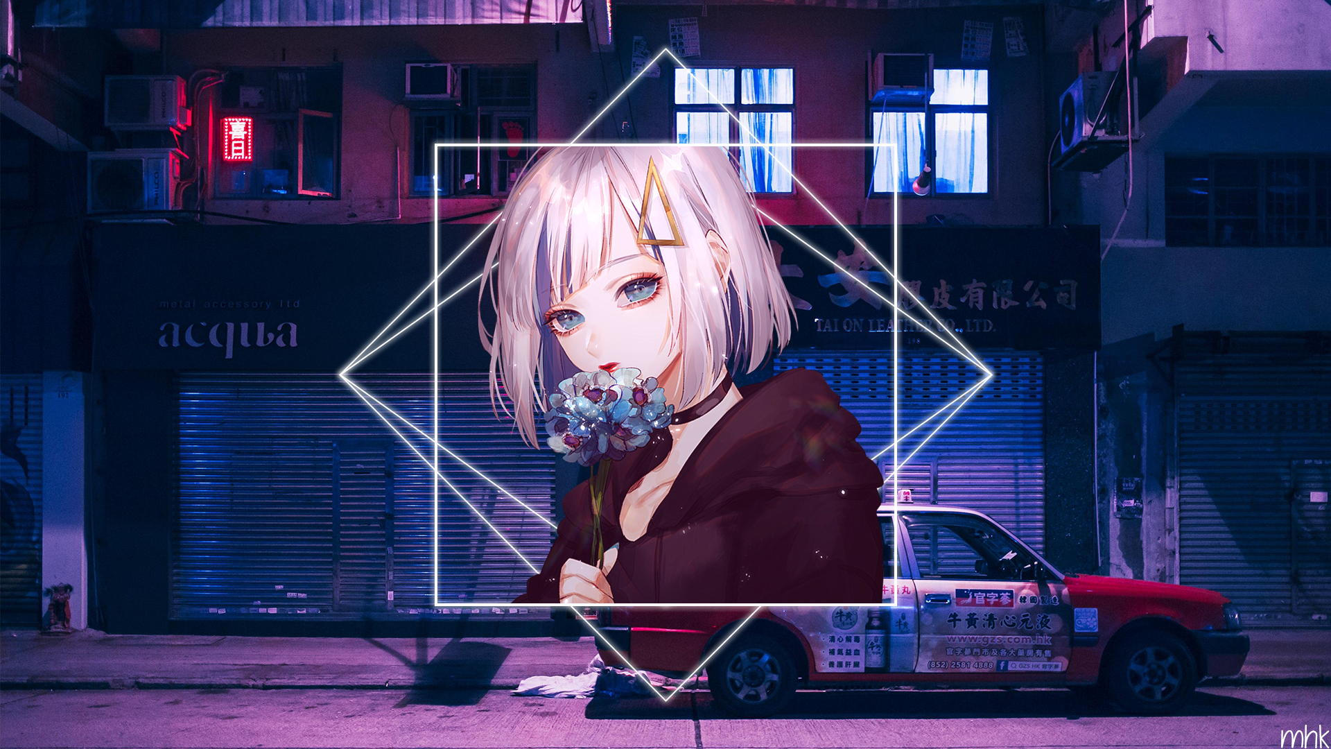 Anime girl with flowers in front of a city street at night HD Wallpaper