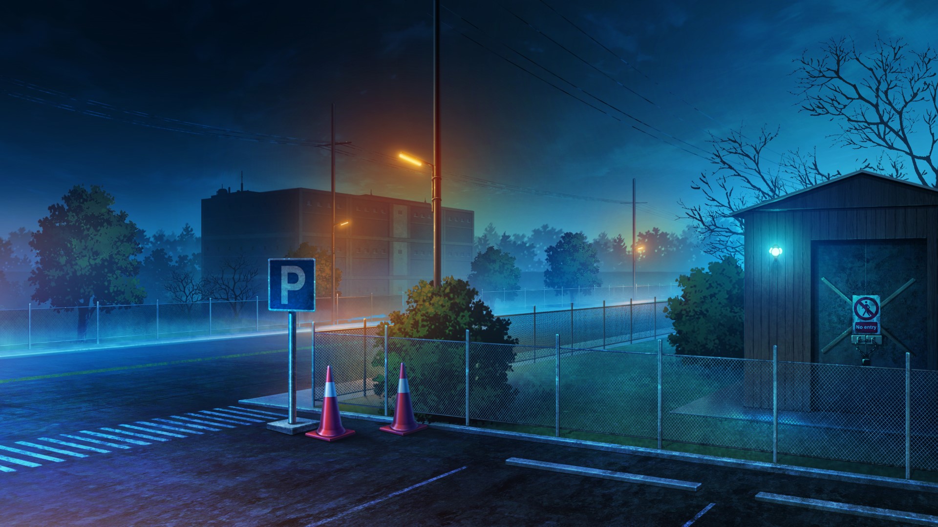 Anime night scene with parking lot and building HD Wallpaper