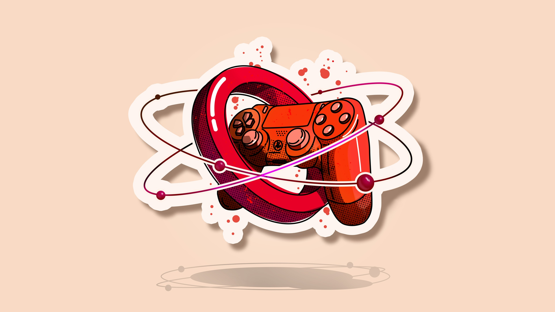 Red PlayStation DualShock 4 controller with atomic orbits HD Wallpaper