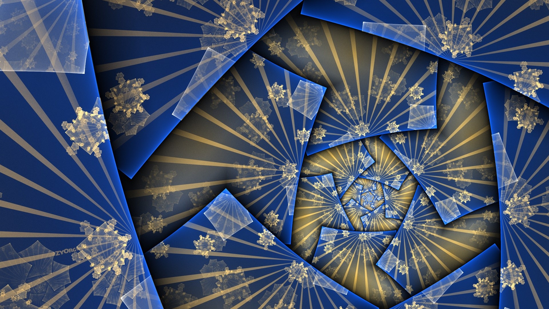 Fractal pattern with blue and gold geometric shapes HD Wallpaper