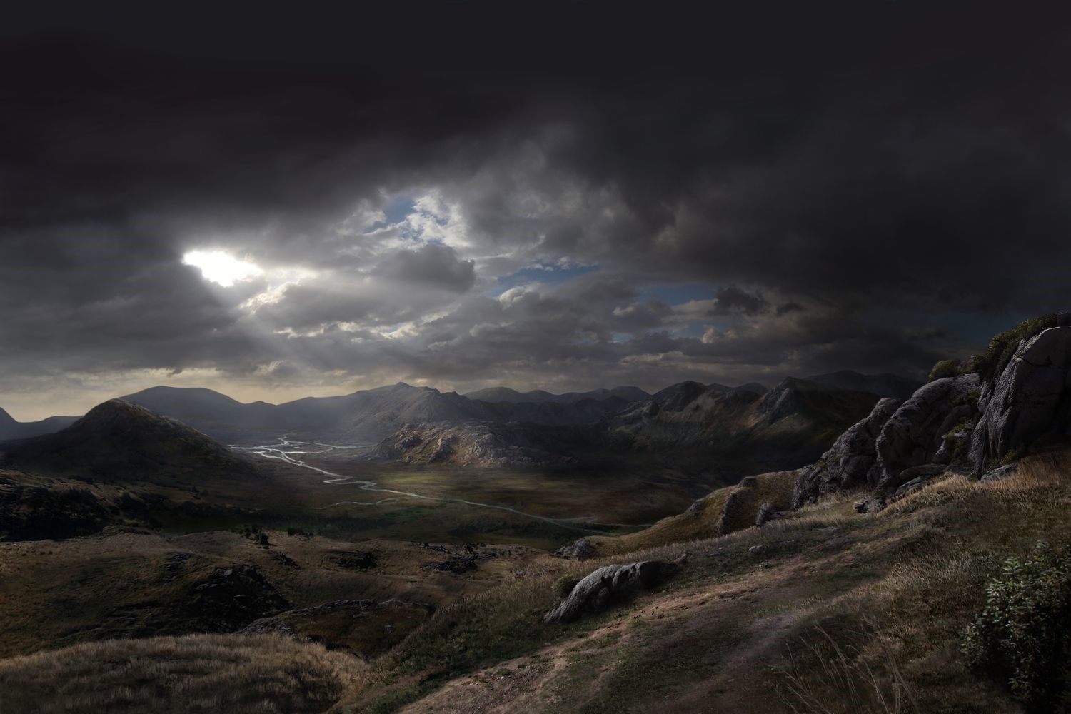 Digital painting of a valley with mountains and sun rays HD Wallpaper