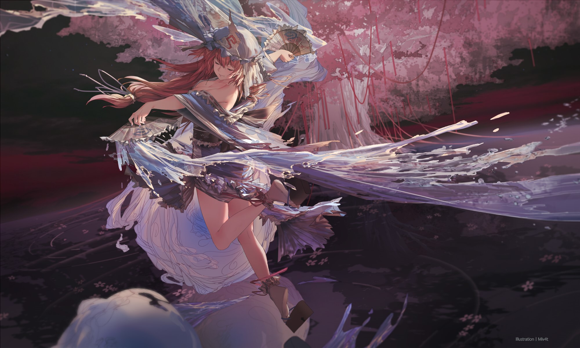 Saigyouji Yuyuko from Touhou with flowing dress and fan HD Wallpaper