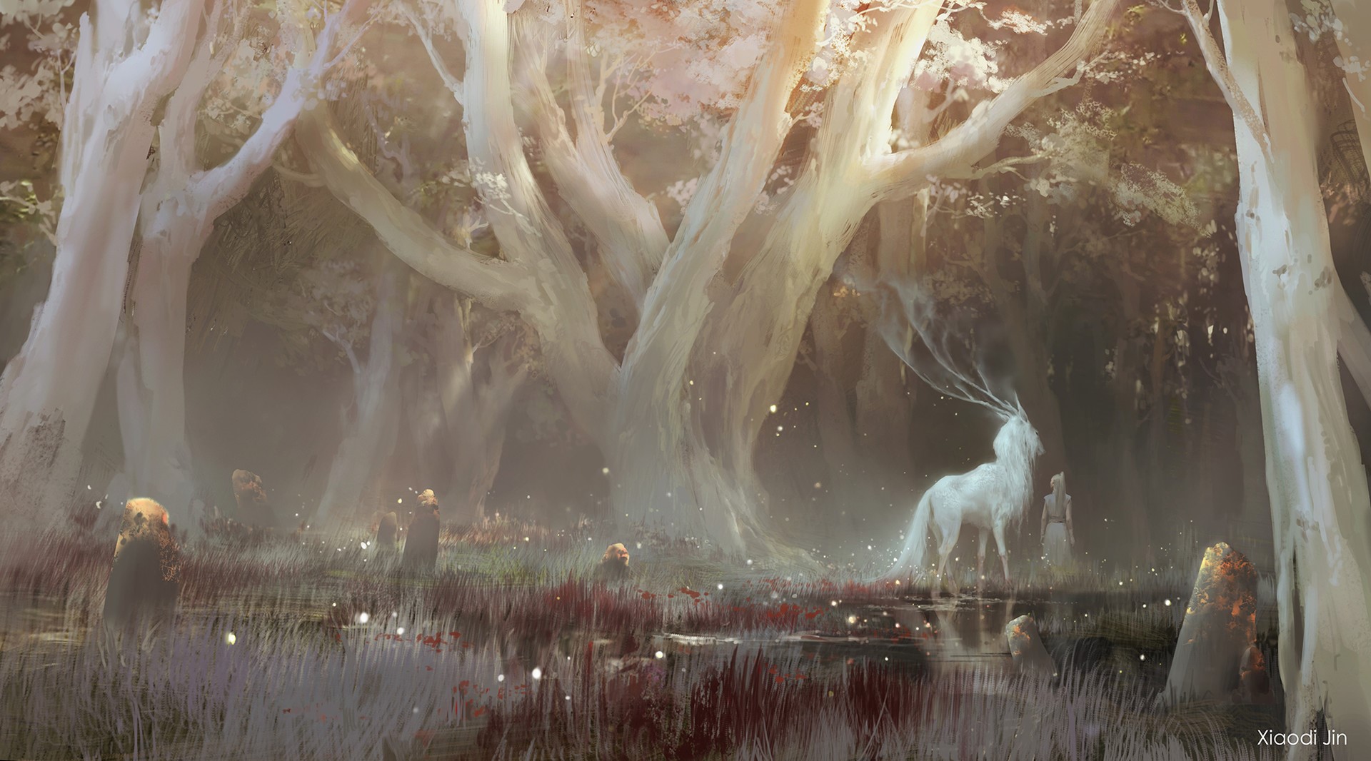 Fantasy forest with a white stag and figures HD Wallpaper